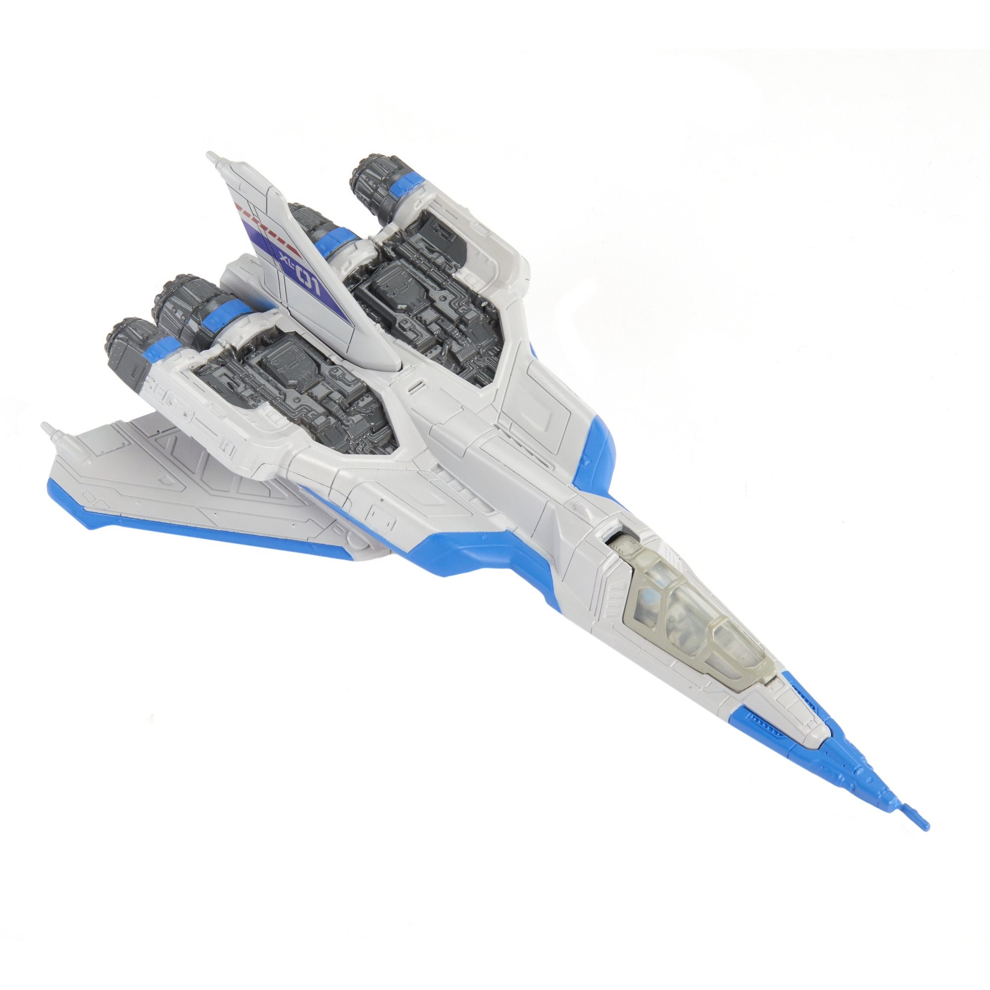 Biało-niebieski zabawkowy odrzutowiec, widok z góry, z niebieskimi akcentami i silnikami.