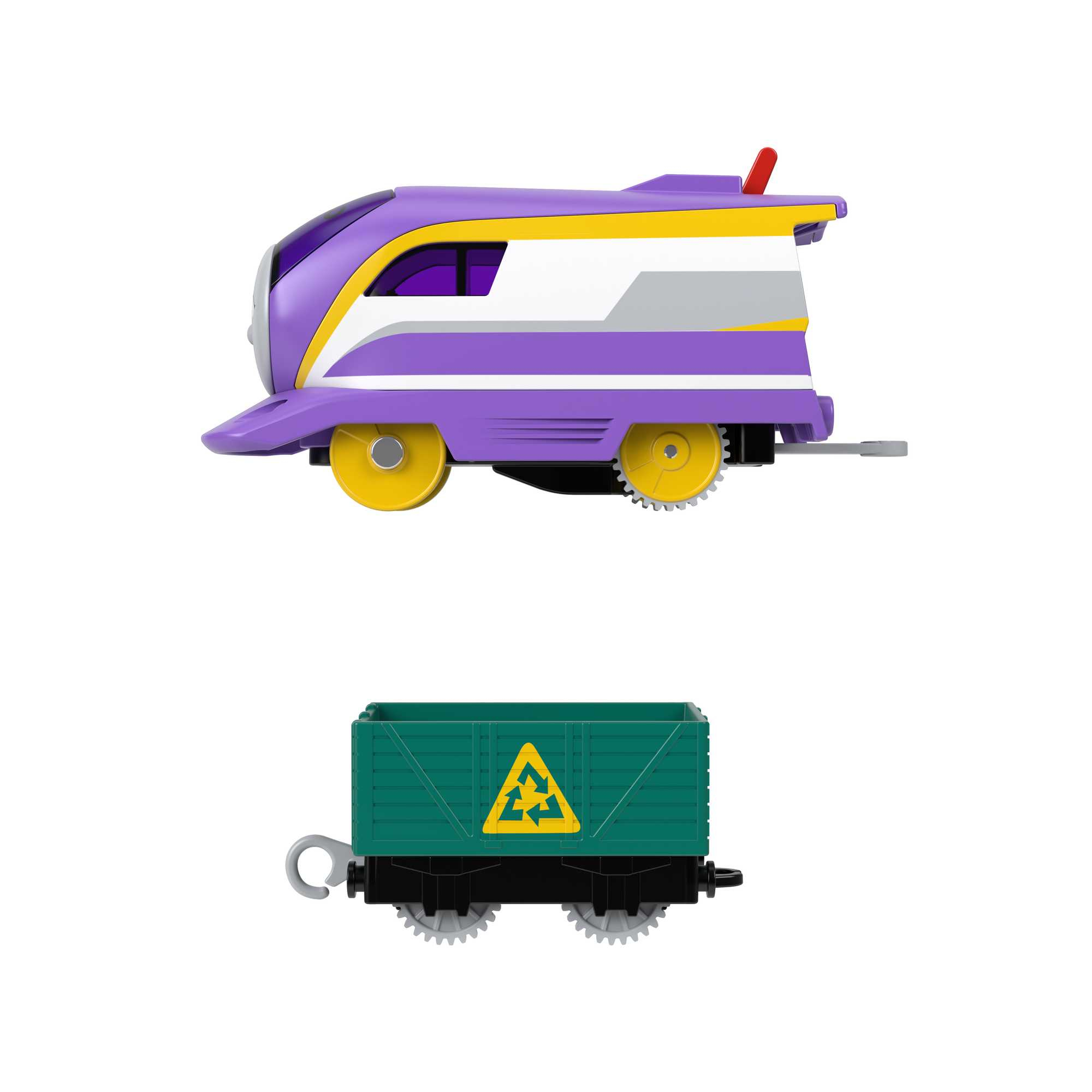 Fioletowy pociąg i zielony wagon towarowy. Pociąg ma żółte koła. Wagon ma żółty trójkąt.