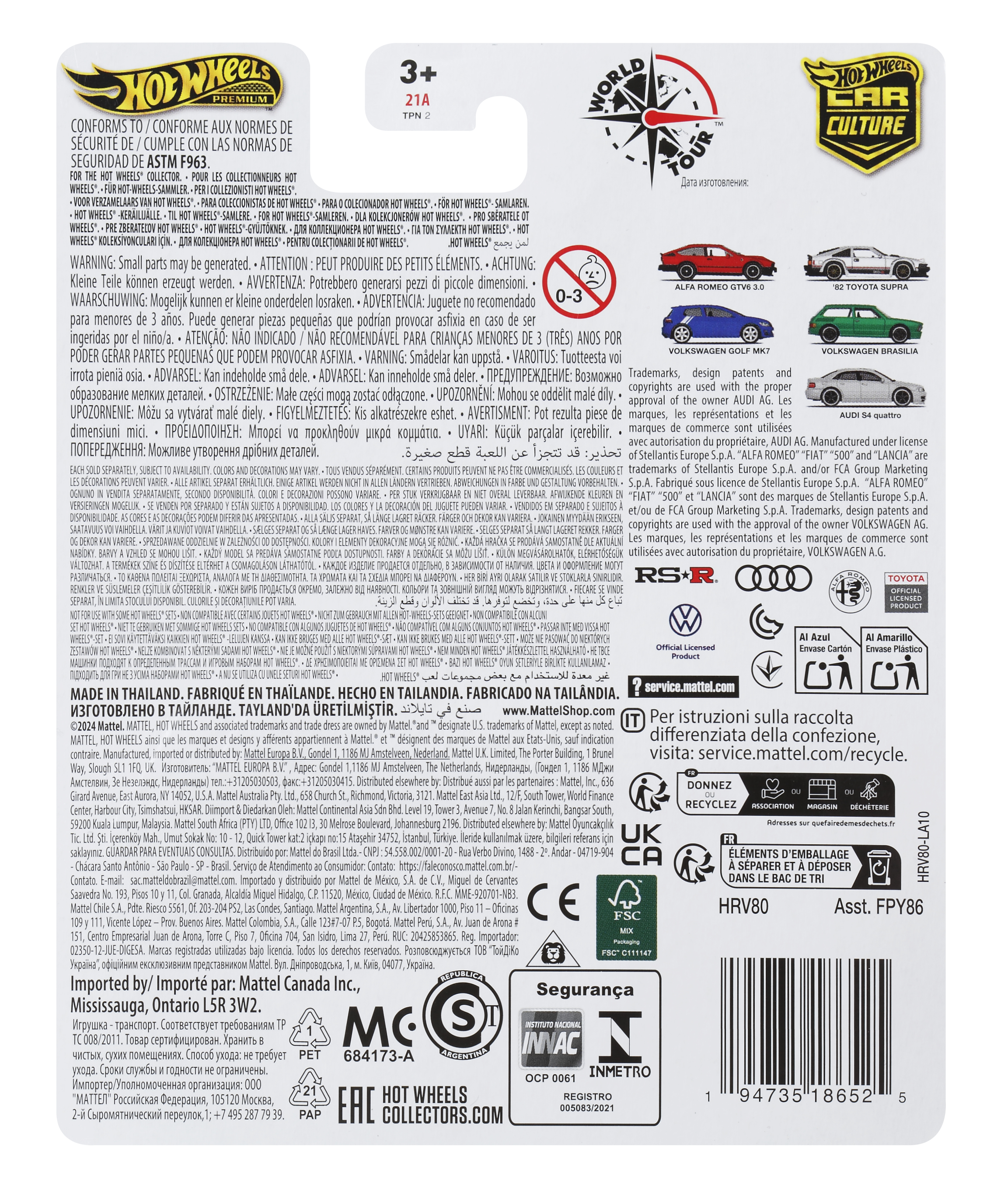 Tył opakowania zabawki z ostrzeżeniami i szczegółami, w tym logotypami i tekstem.
