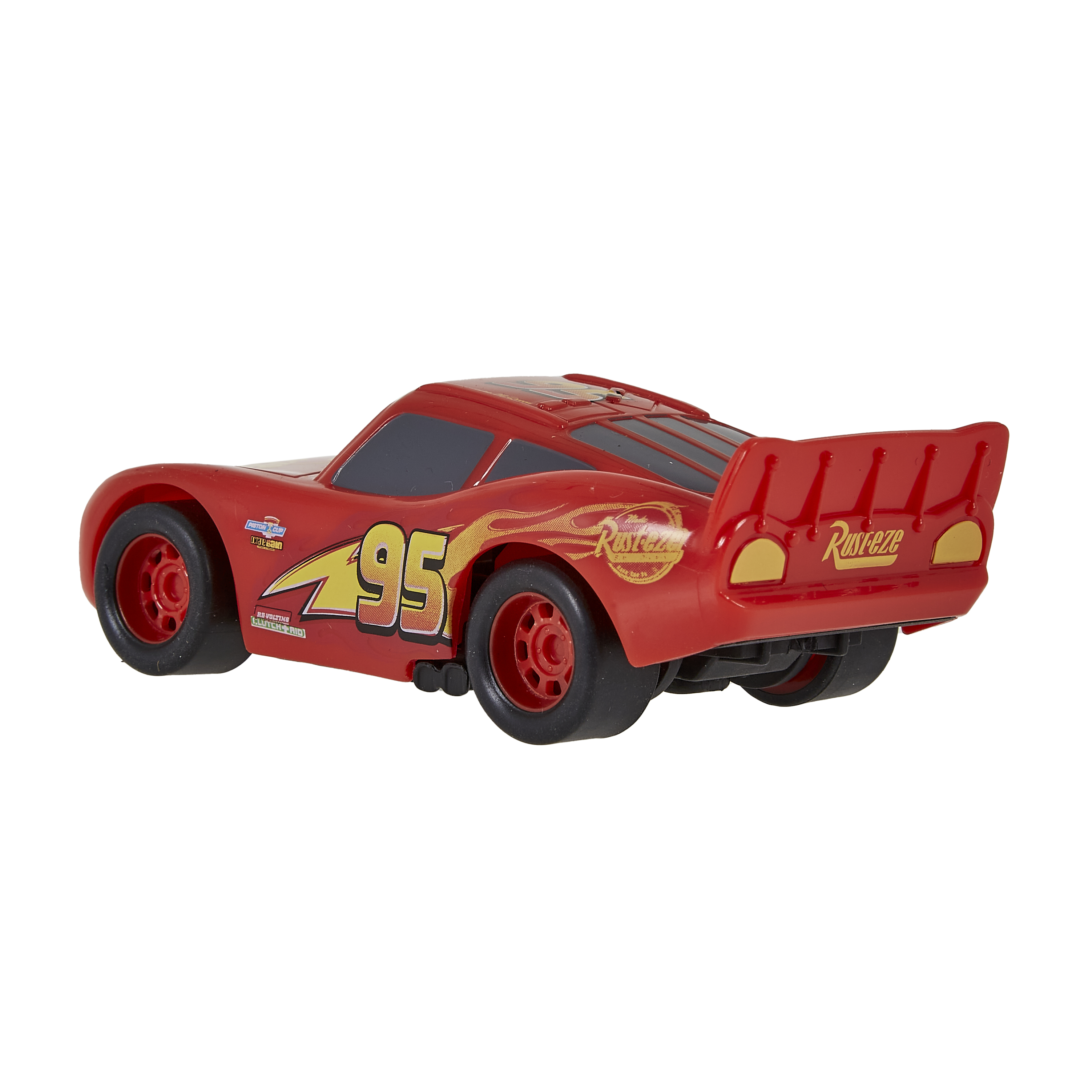 Coche de juguete rojo con el número 95 y llamas, neumáticos negros y alerón.