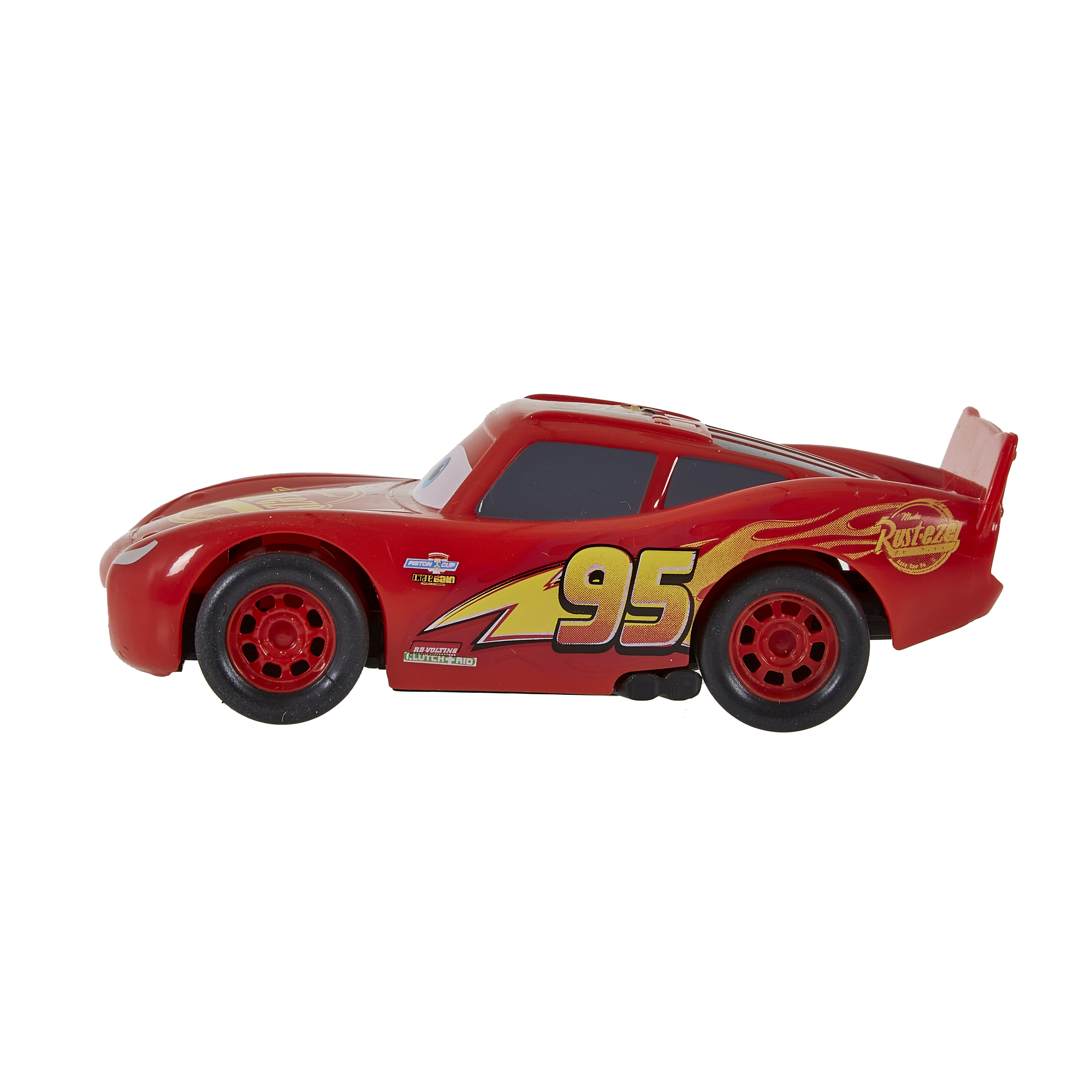 Coche de carreras de juguete rojo con el número 95. El coche tiene llamas amarillas en el lateral.
