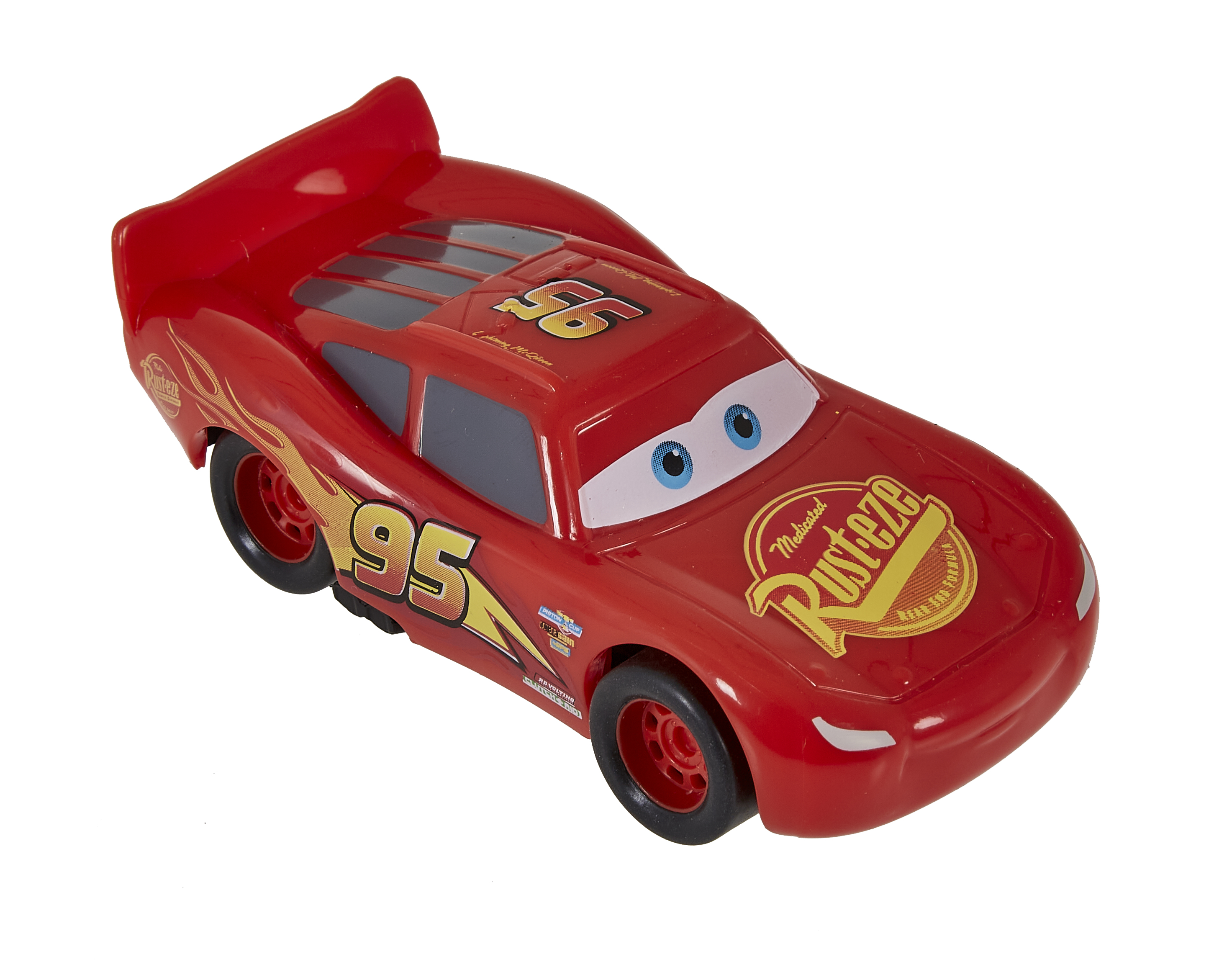 Un coche de juguete rojo con el número 95. Tiene faros y alerón.