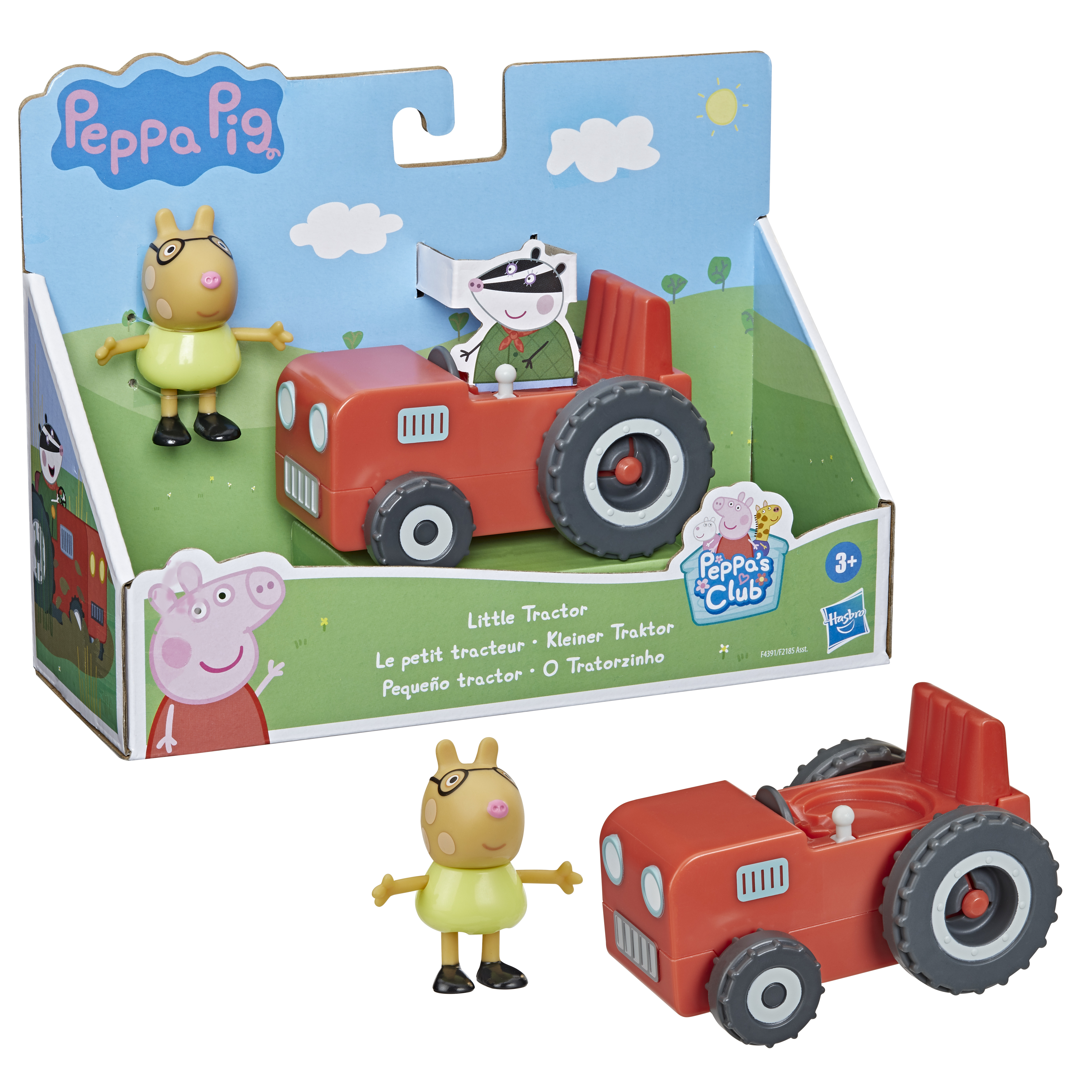 Set di giocattoli Peppa Pig con un trattore rosso e personaggi di Peppa. La scatola è visibile.