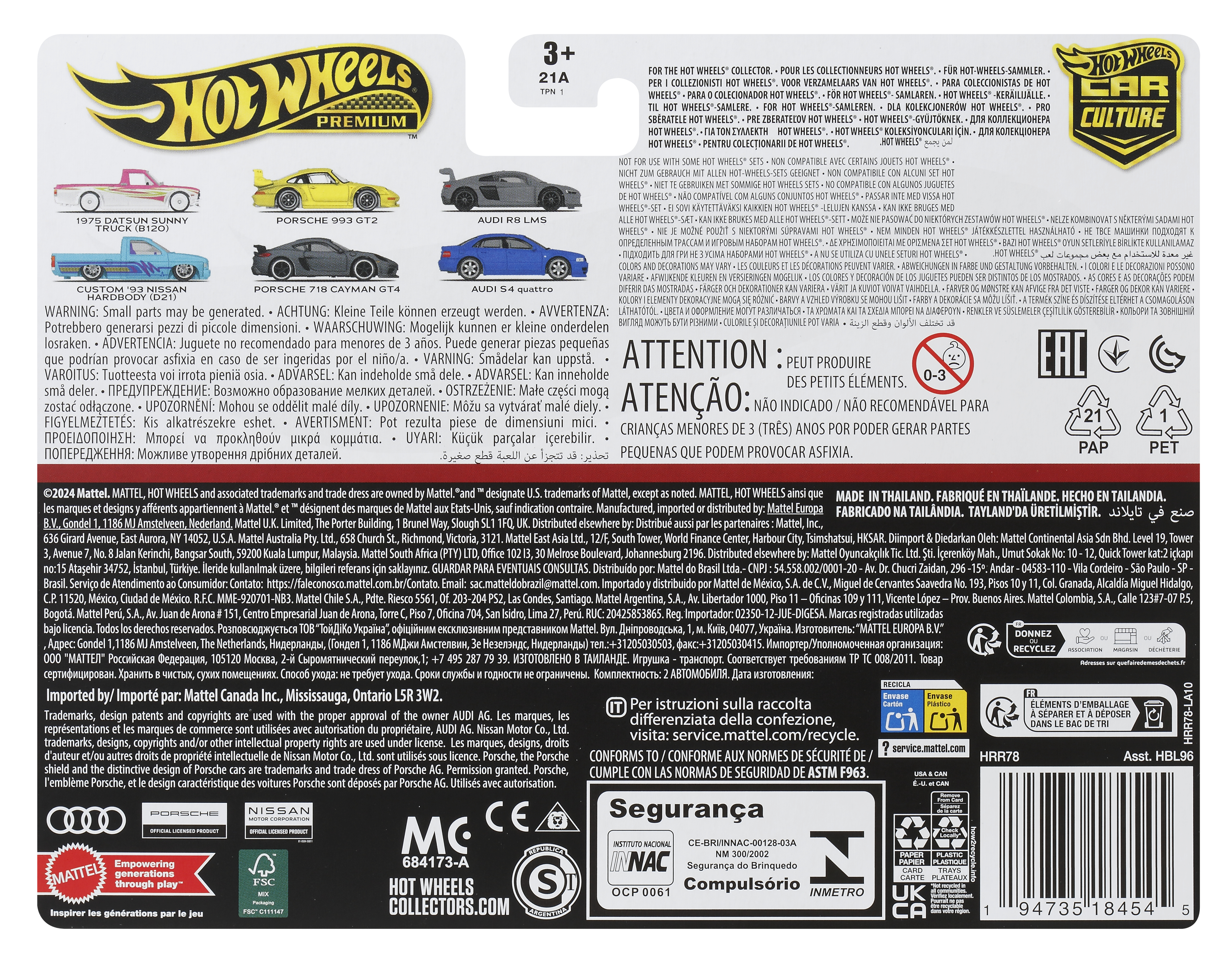 Rückseite einer Hot Wheels Spielzeugverpackung mit verschiedenen Automodellen, Warnhinweisen und Markeninformationen.