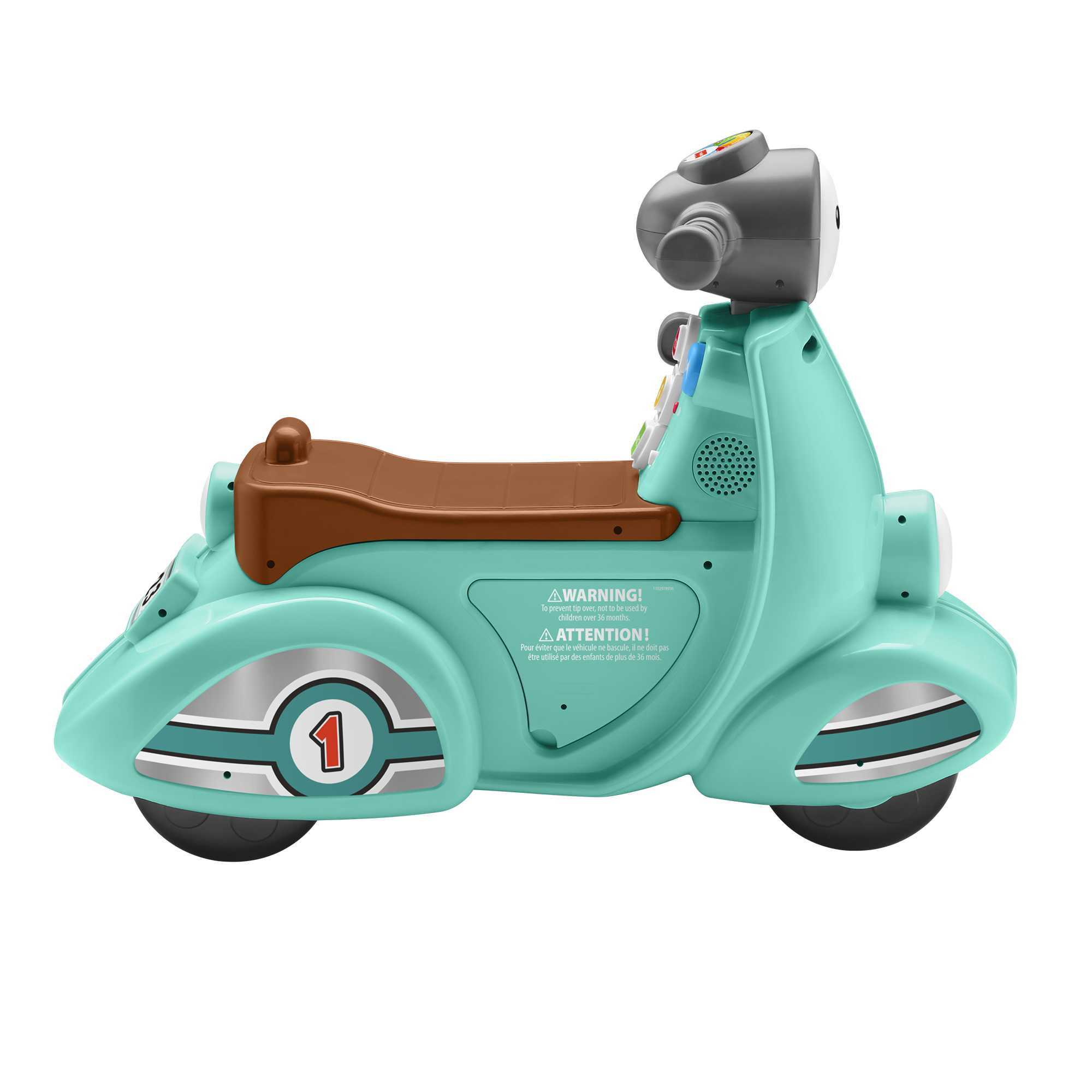 Un scooter giocattolo color verde acqua con un sedile marrone e una testa grigia. È su una superficie bianca.