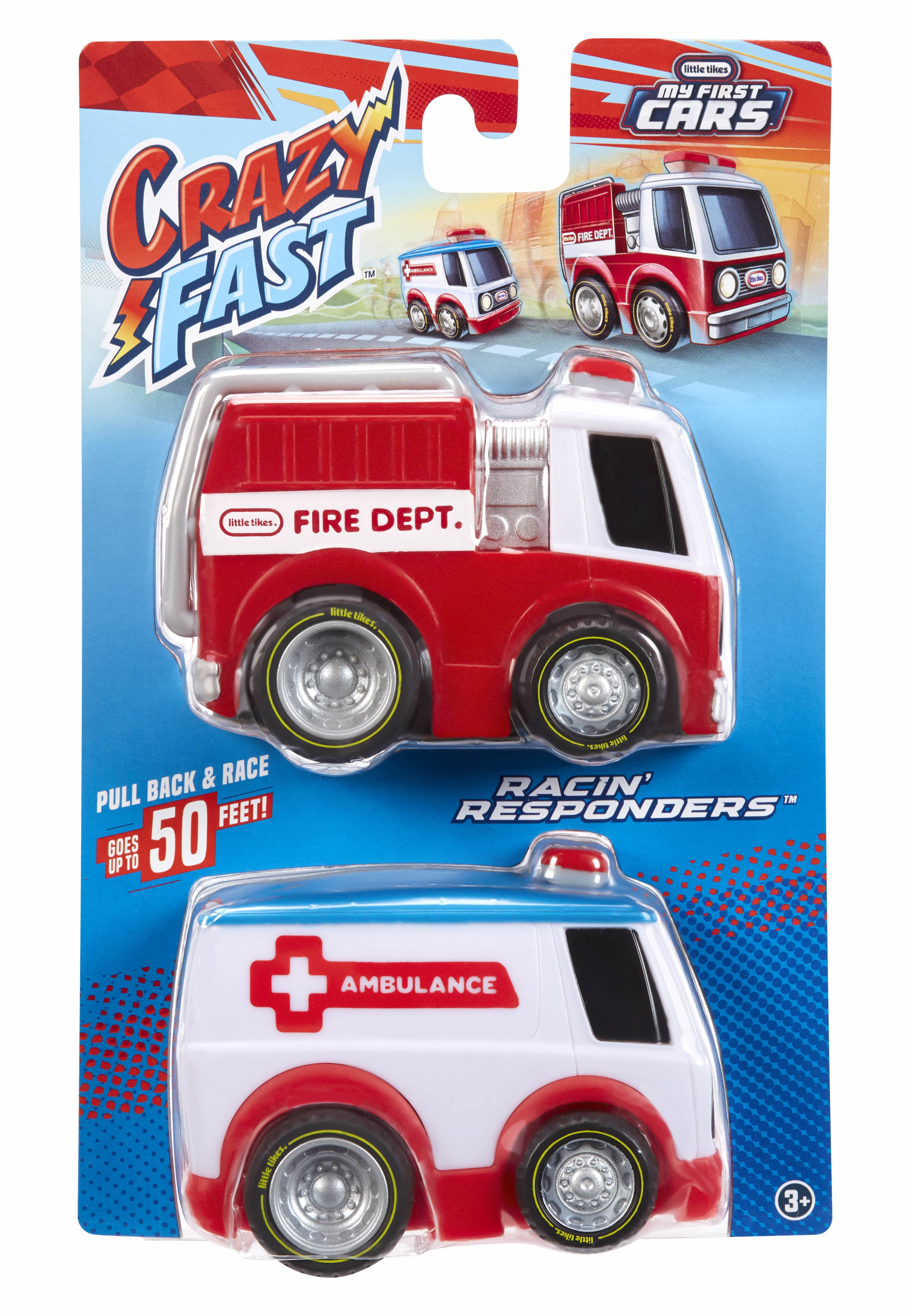 Spielzeugauto-Verpackung mit zwei Spielzeugautos, einem Feuerwehrauto und einem Krankenwagen, auf blauem Grund.