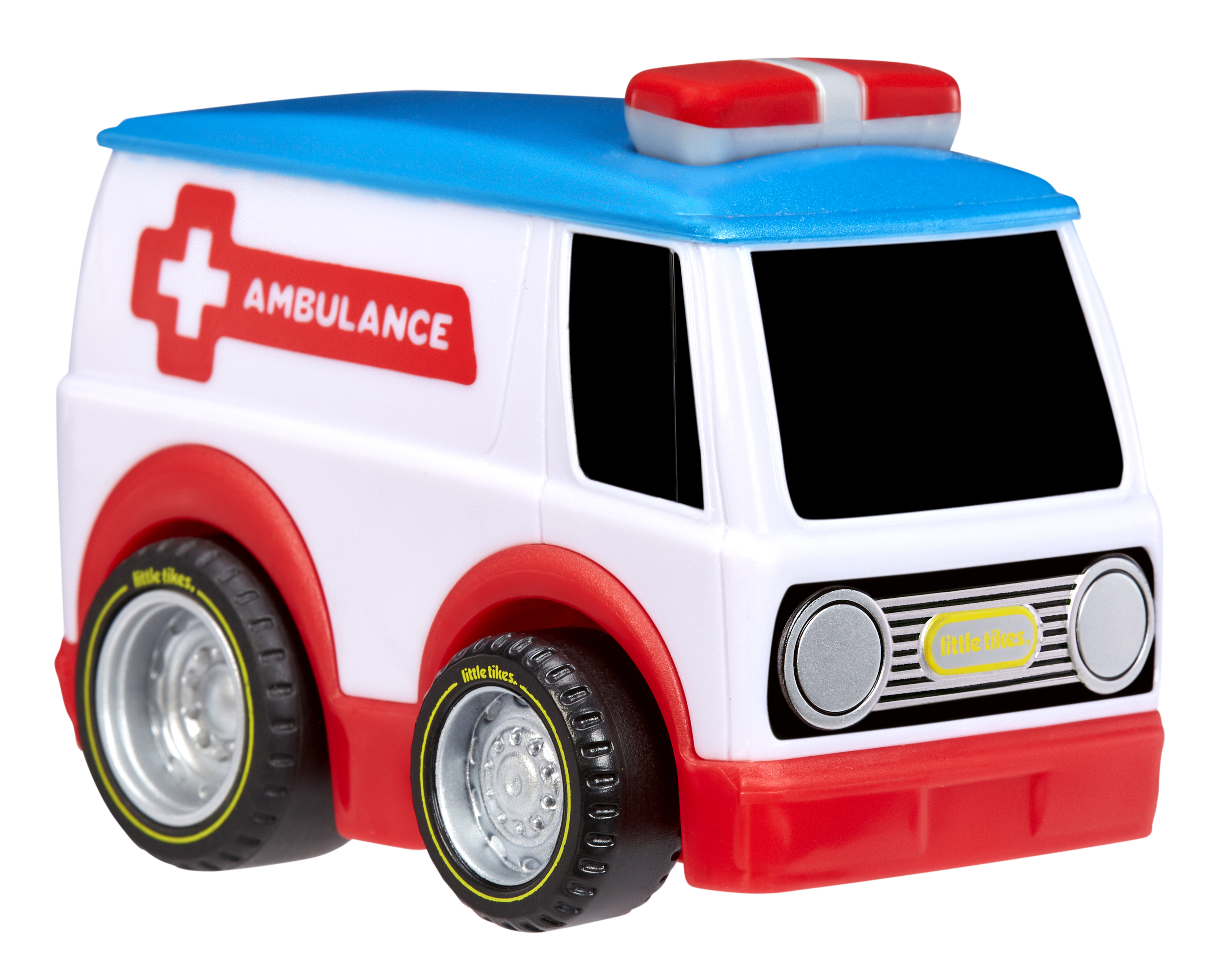 Weiß-roter Spielzeug-Krankenwagen mit blauem Dach. Mit Schriftzug 'AMBULANCE' und rotem Kreuz.