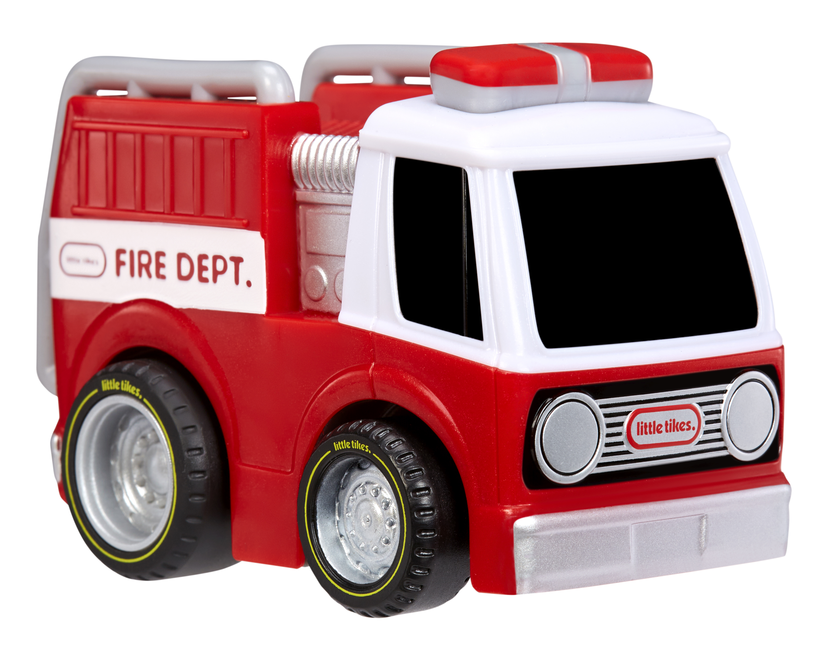 Roter und weißer Spielzeug-Feuerwehrwagen mit schwarzen Fenstern und Rädern, beschriftet mit 'FIRE DEPT.'.