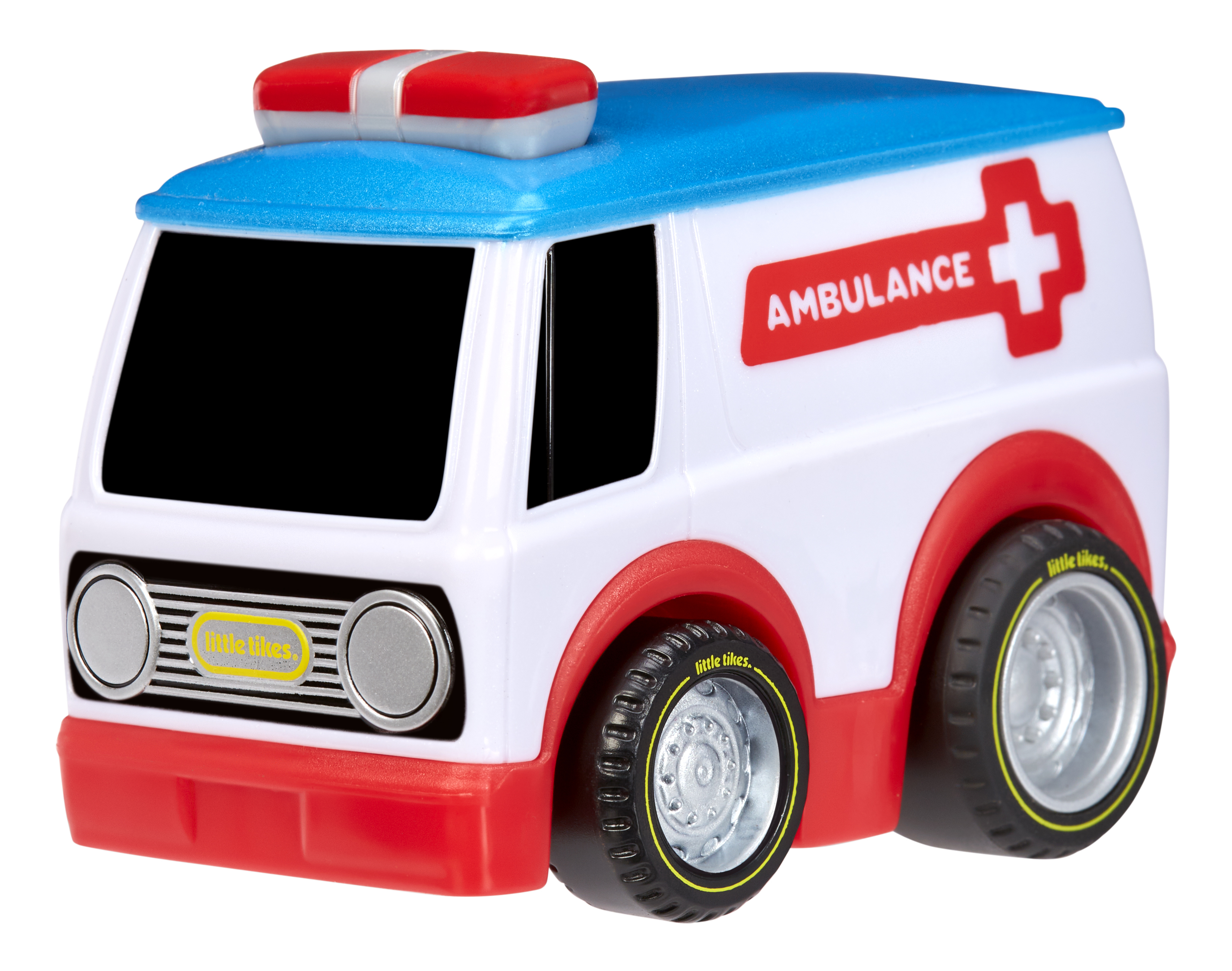 Spielzeug-Krankenwagen im Cartoon-Stil. Weiß mit roten und blauen Akzenten.