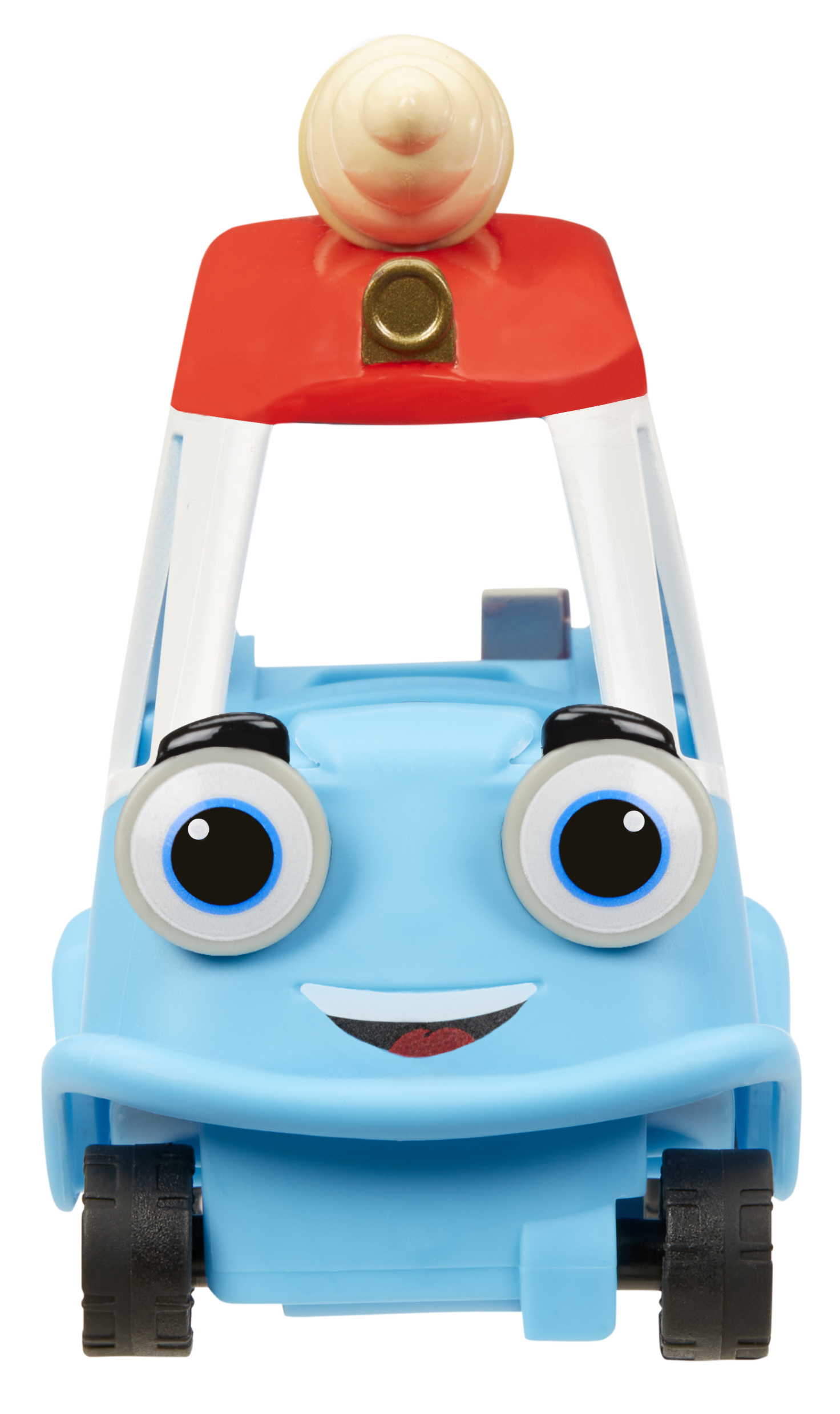 Niebieski samochodzik z uśmiechniętą twarzą, czerwonym dachem i białą górą na białym tle.