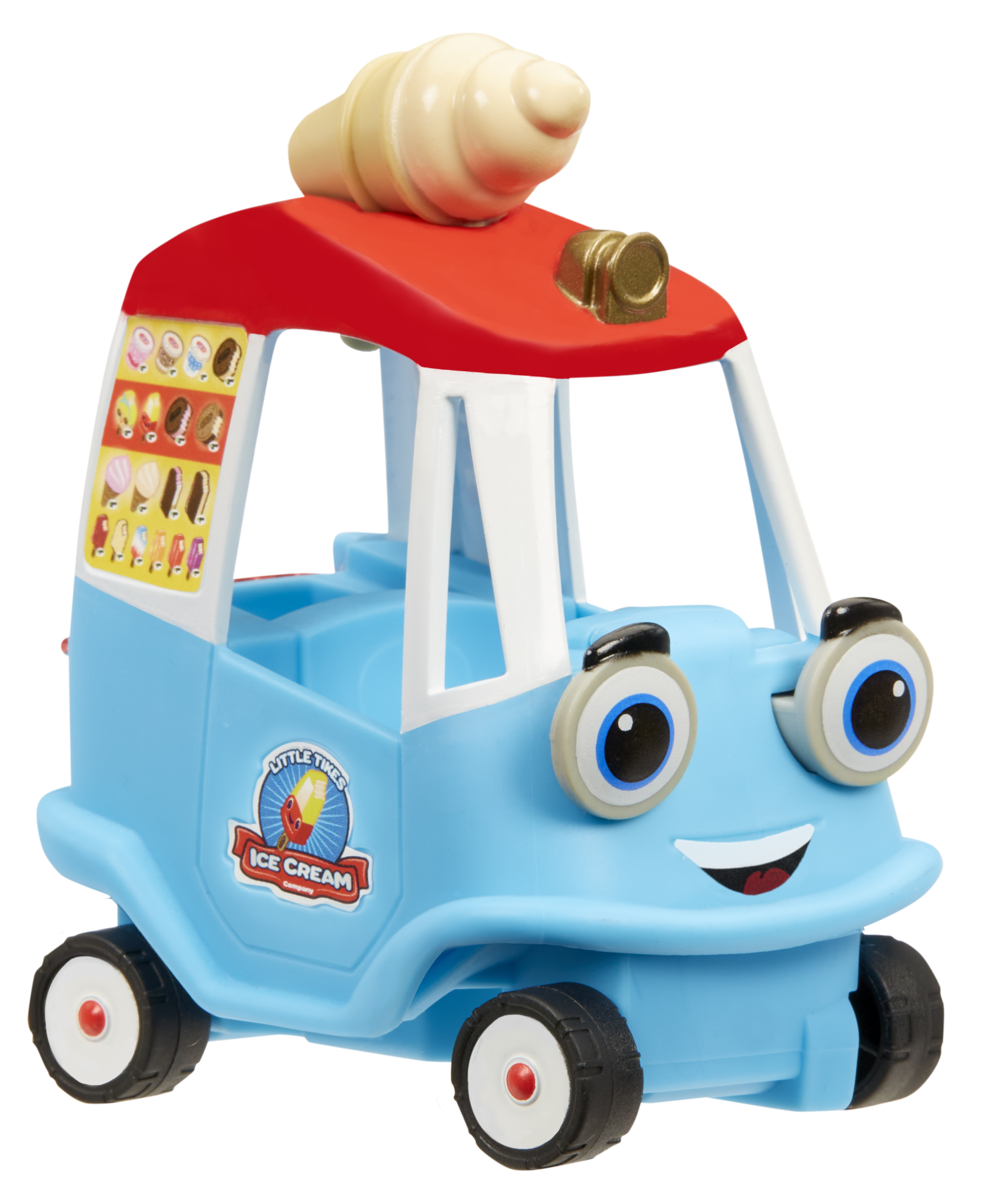 Niebieska zabawka - lodziarnia z uśmiechniętą twarzą. Czerwony dach i duże lody na górze.