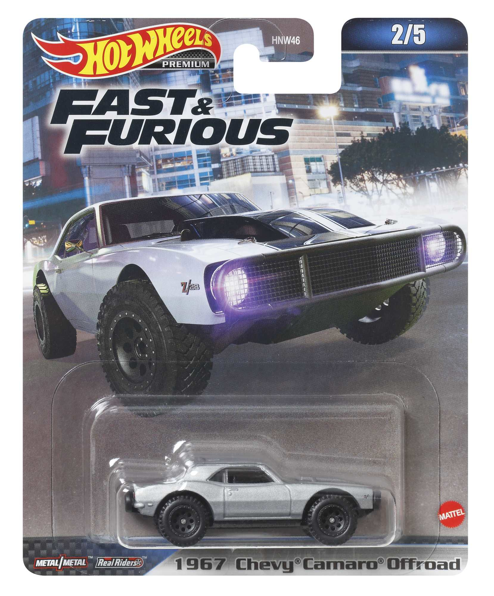 Hot Wheels Fast & Furious 1967 Chevy Camaro Offroad, zabawkowy samochód. Samochód jest w plastikowym etui.
