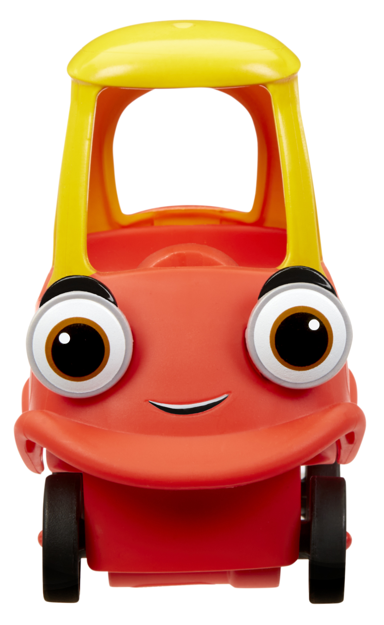 Czerwony samochodzik z żółtym dachem i dużymi oczami. Ma uśmiechniętą twarz.