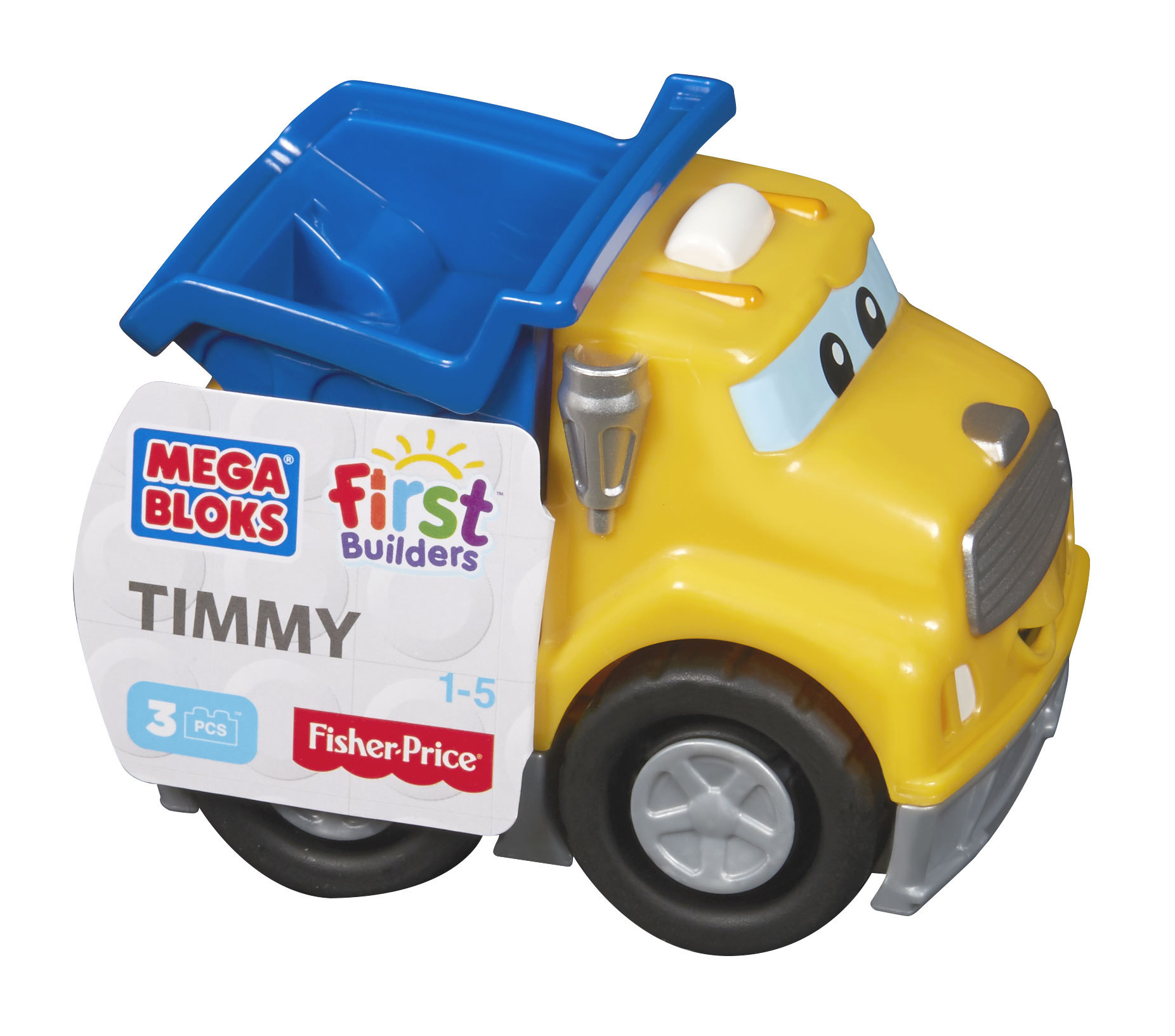 Gelber Spielzeugkipper mit blauem Bett. Es hat den Namen "TIMMY" an der Seite.