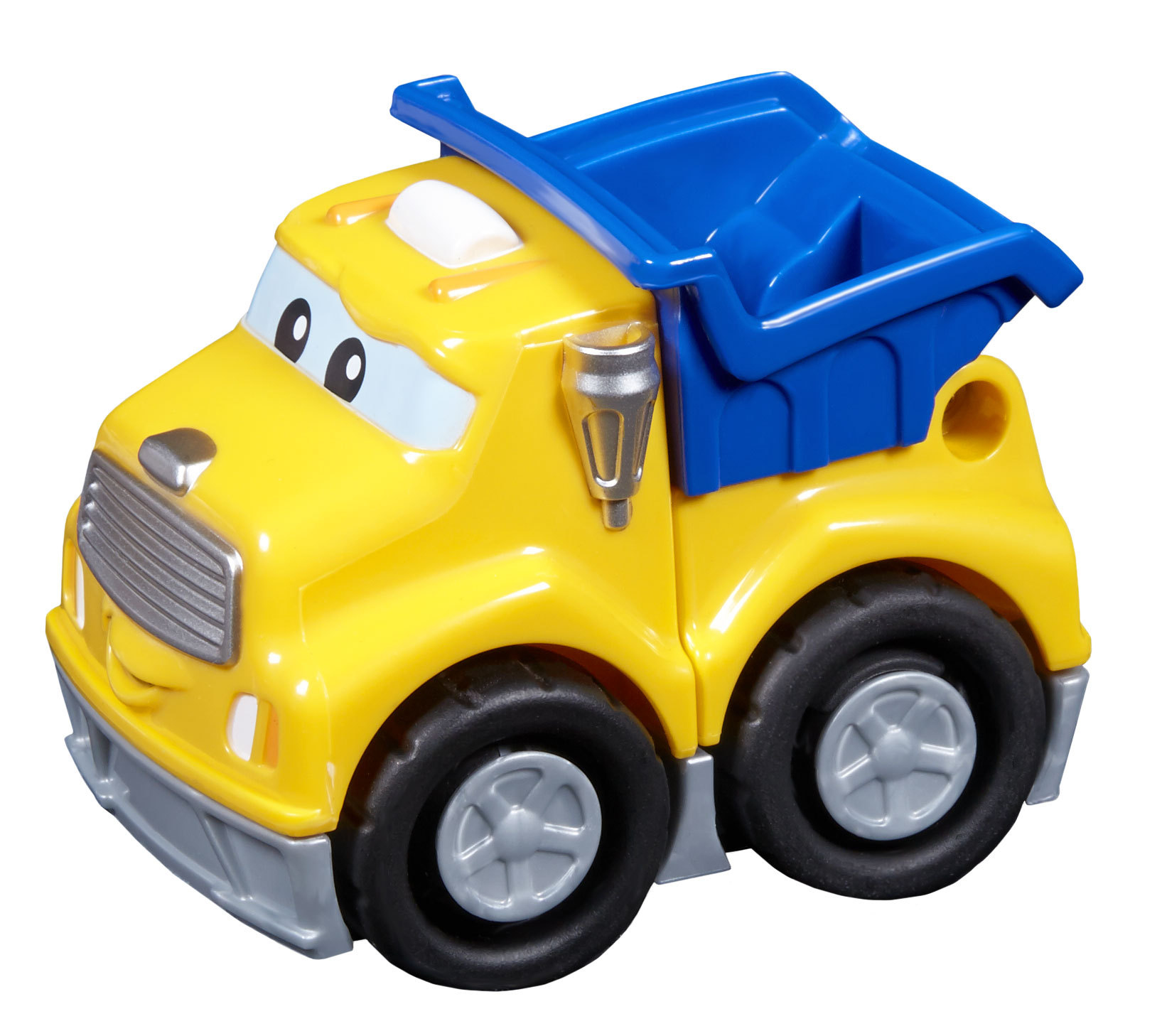 Gelber Spielzeug-LKW mit einer blauen Ladefläche. Er hat ein lächelndes Gesicht und schwarze Reifen.
