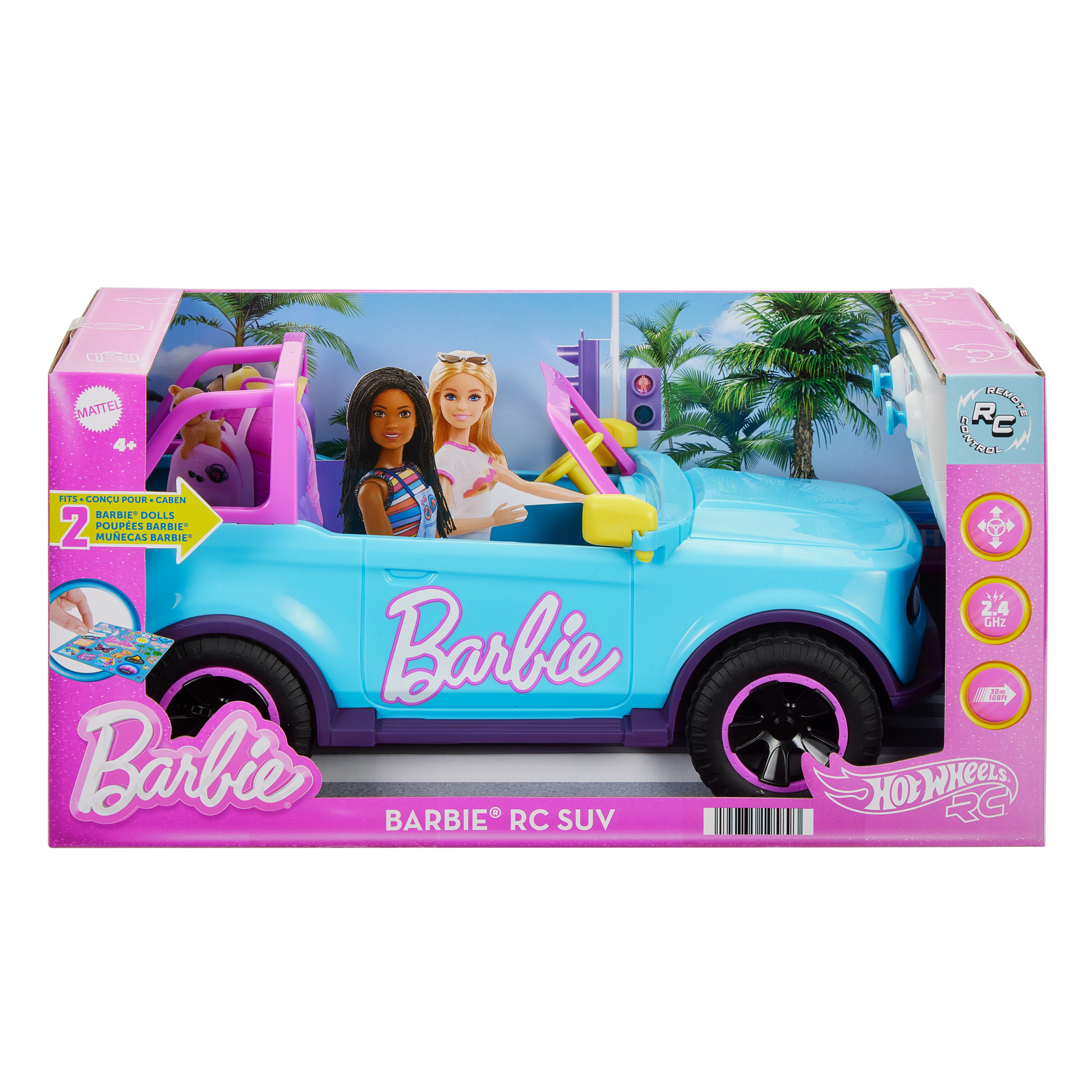Zabawka Barbie RC SUV w opakowaniu. Dwie lalki Barbie w samochodzie. Niebieski samochód z czarnymi oponami.