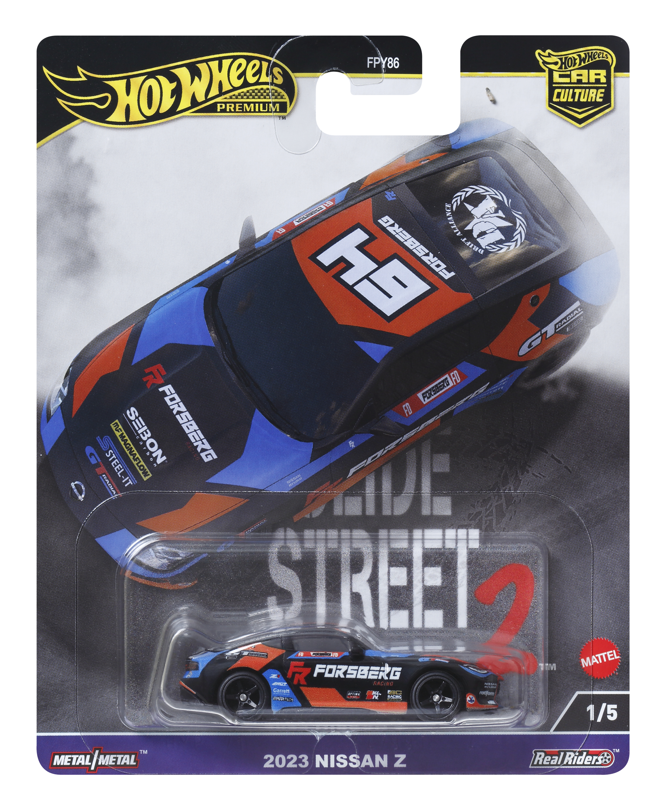 Hot Wheels Spielzeugauto mit blauen, schwarzen und orangenen Grafiken. Das Auto ist auf einer Karte.