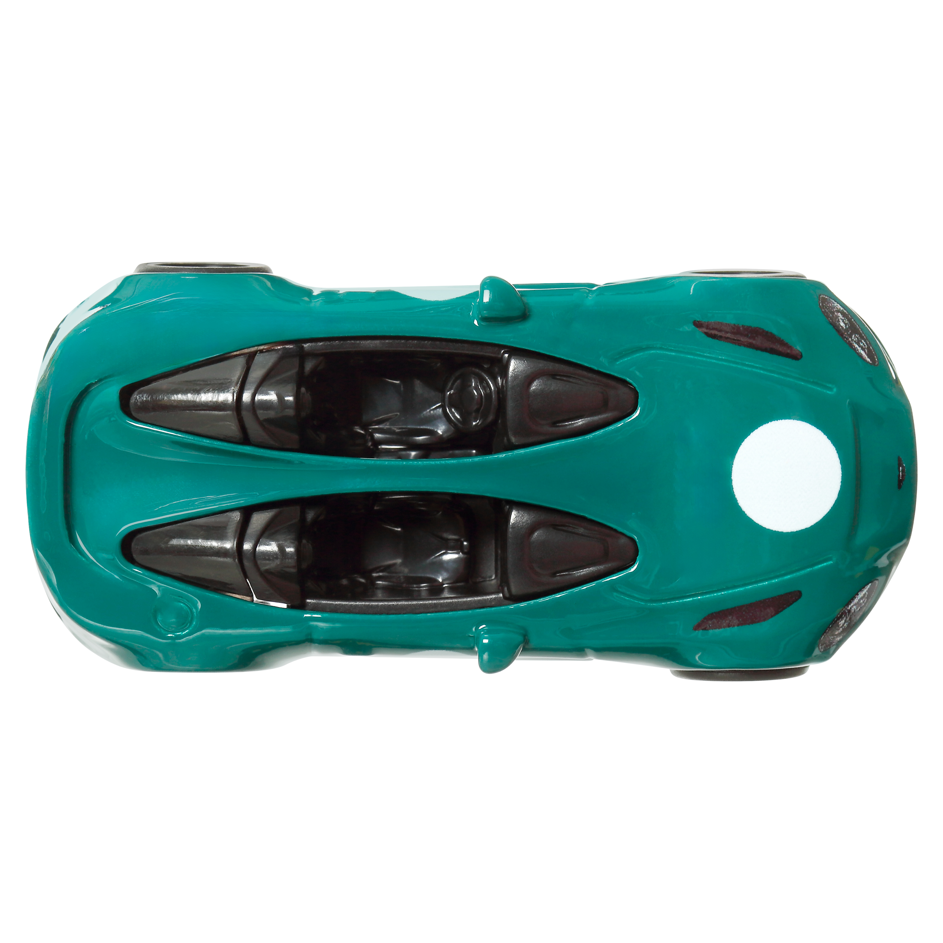 Ein türkis-farbenes Spielzeugauto von oben gesehen, mit einem weißen Kreis markiert.