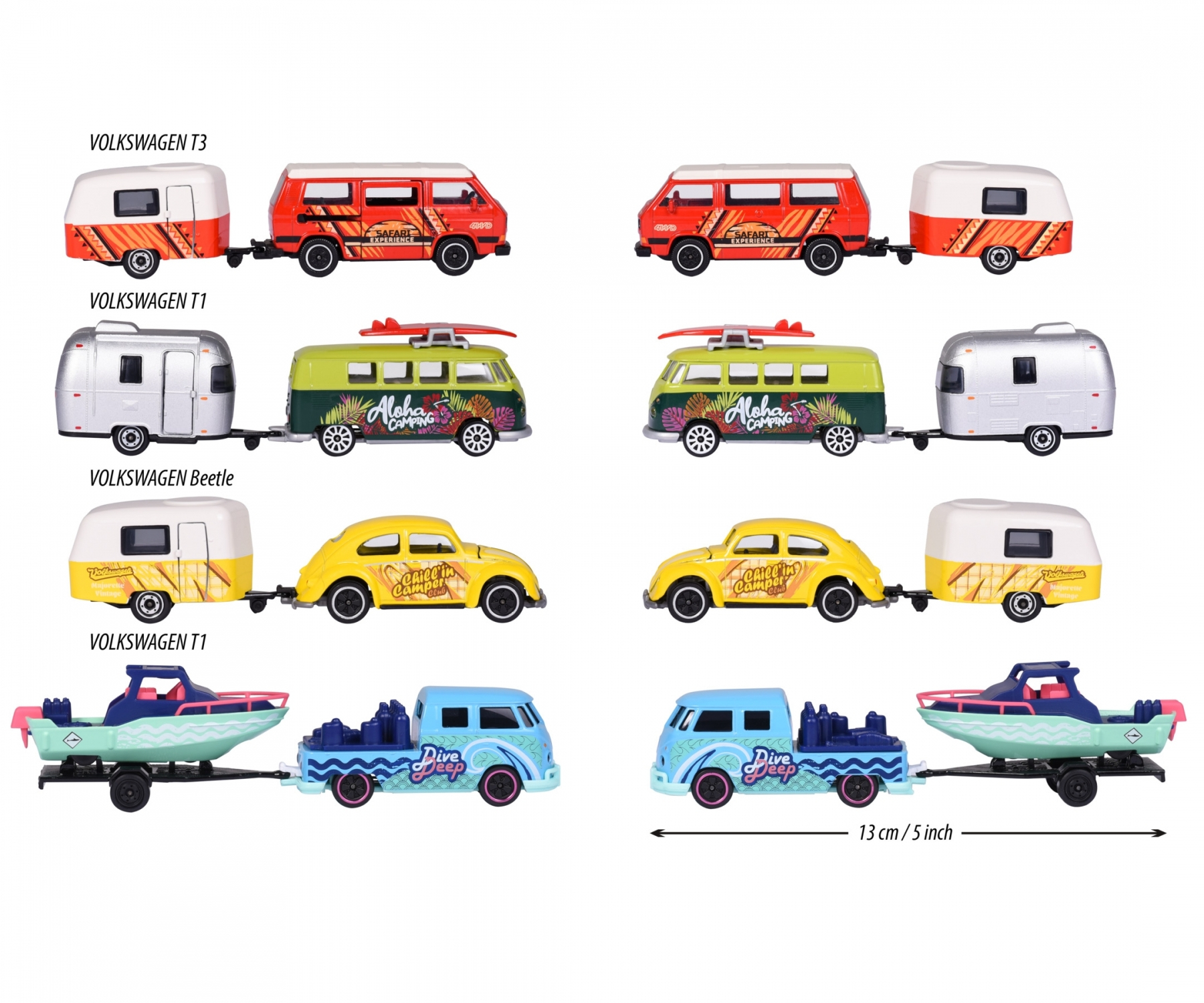 Zabawkowe samochody: VW T3, T1, Beetle z przyczepami. Różne modele z motywami kempingowymi.