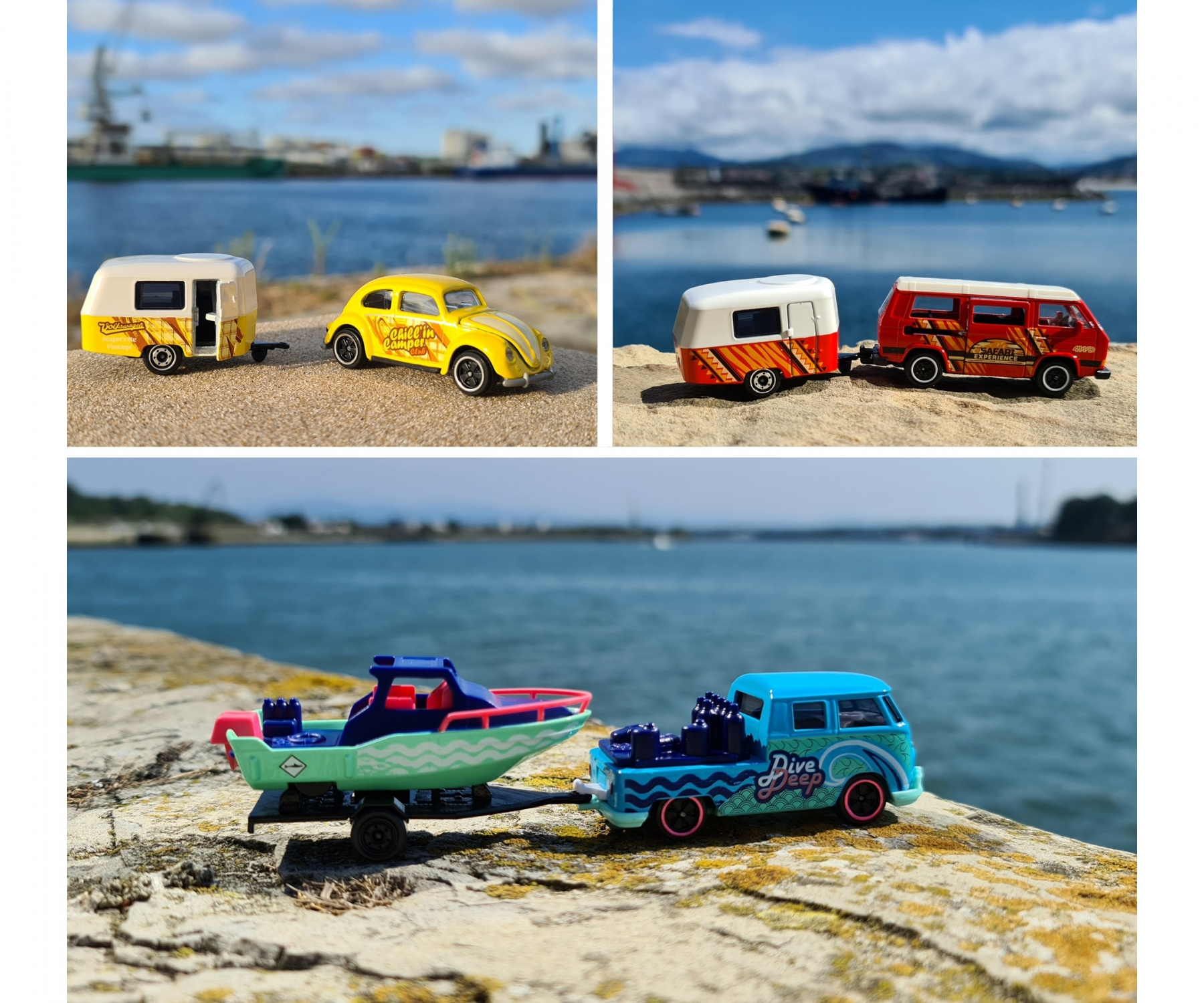 Cztery zabawki samochodowe z przyczepami na piaszczystej powierzchni w pobliżu wody. Samochody są czerwone, żółte i niebieskie.