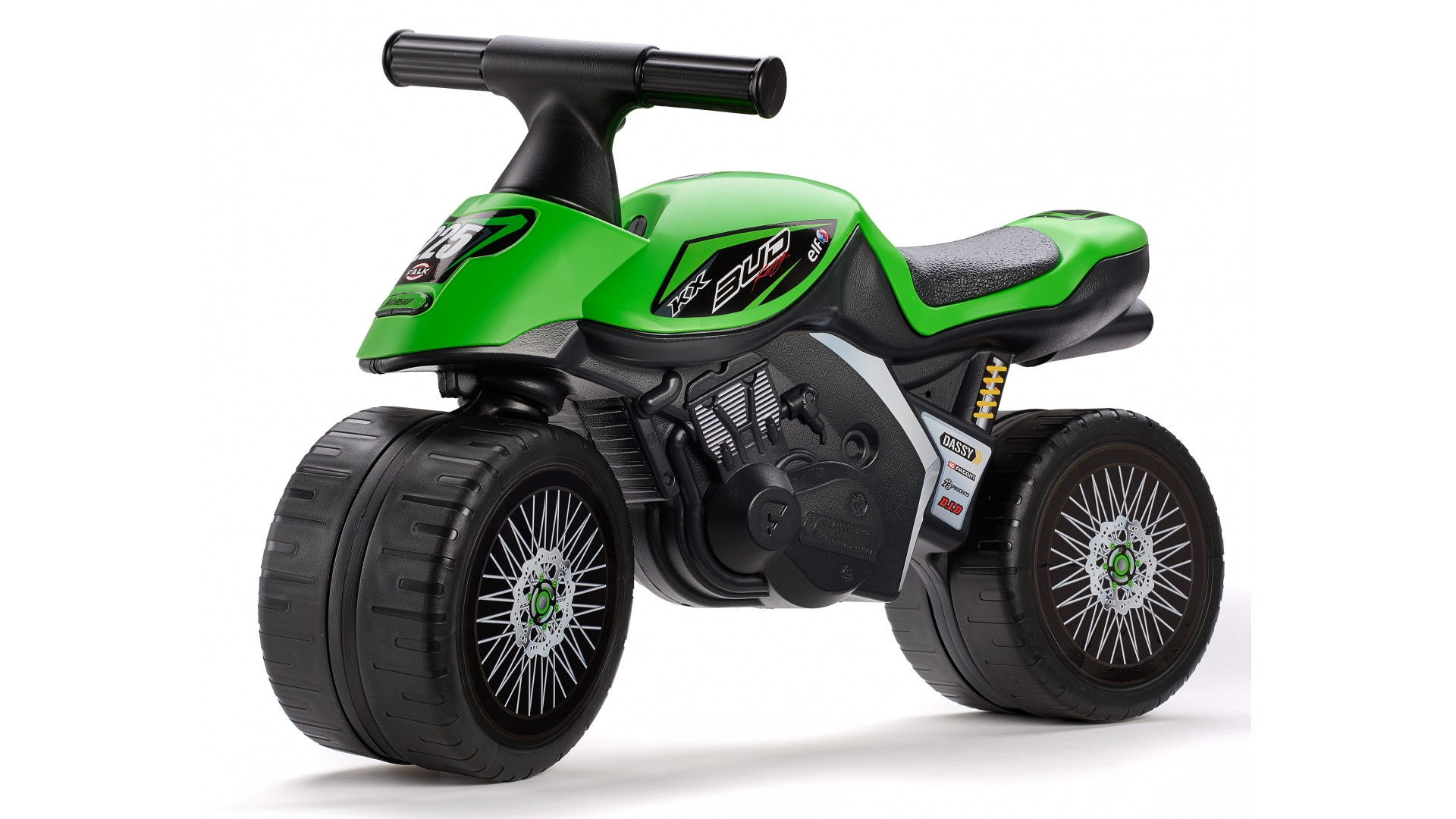 Moto giocattolo verde con dettagli in bianco e nero. Ha pneumatici grandi.