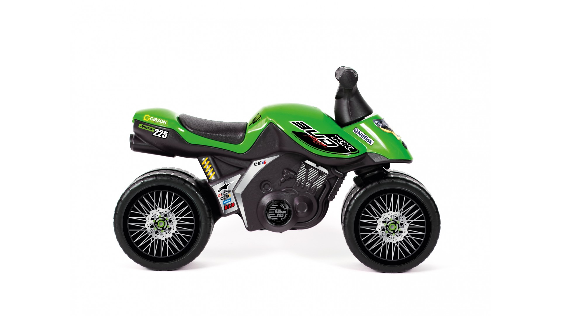 Moto giocattolo verde con dettagli in bianco e nero. Sfondo bianco.