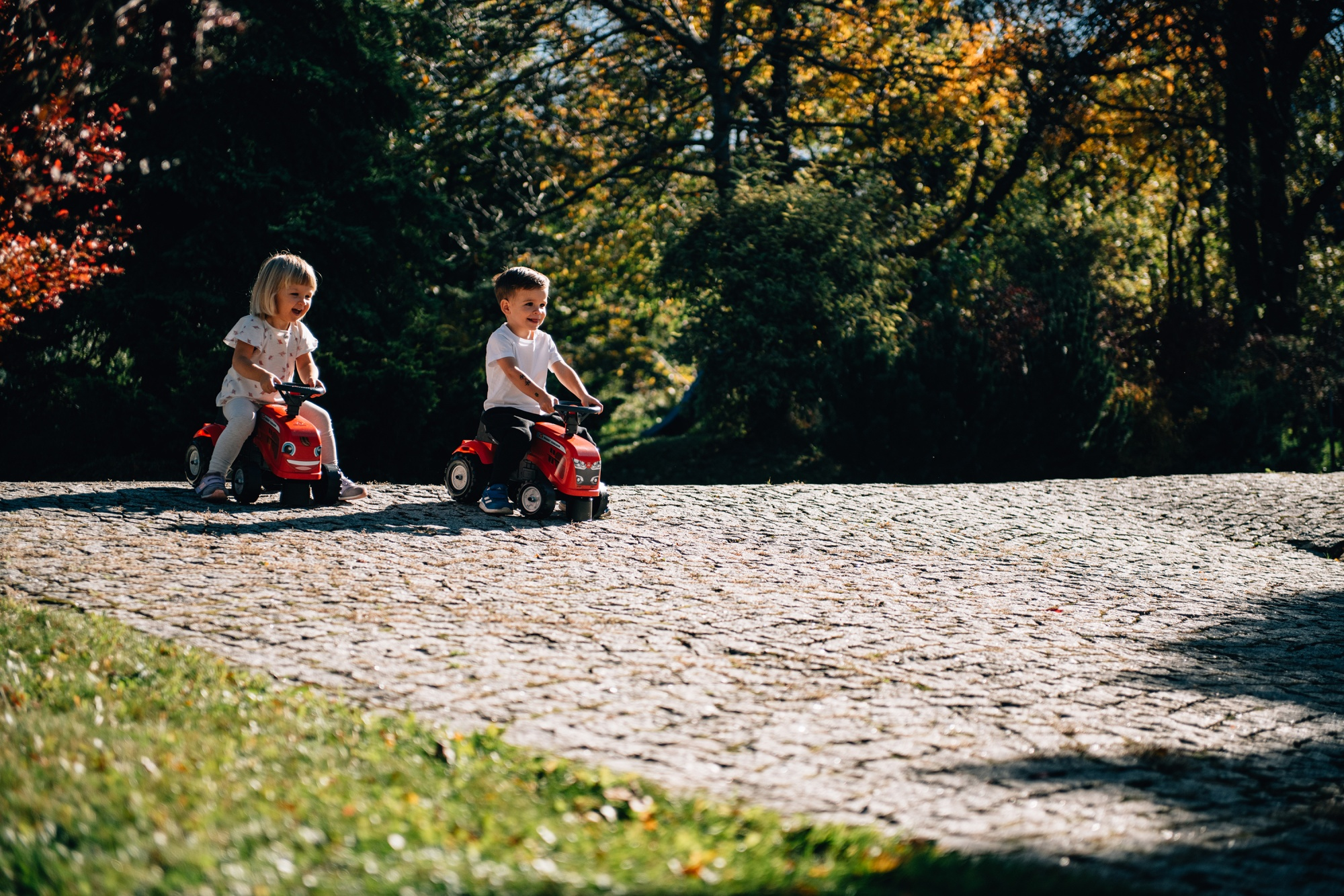 Dos niños montados en coches de juguete rojos en un camino pavimentado. Hierba verde y árboles al fondo.