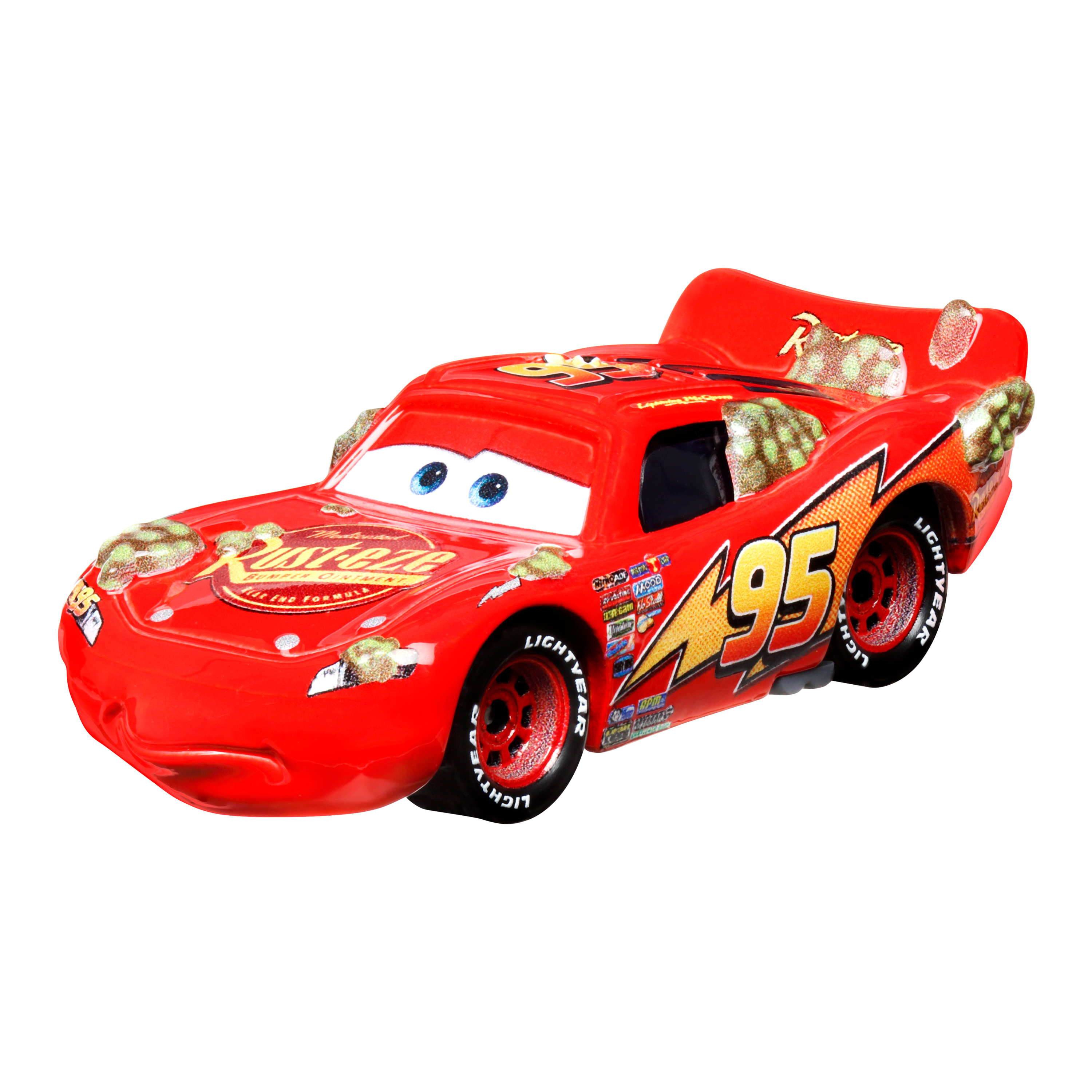 Rotes Spielzeugauto mit der Nummer 95 und Blitzdetails, isoliert auf weißem Hintergrund.