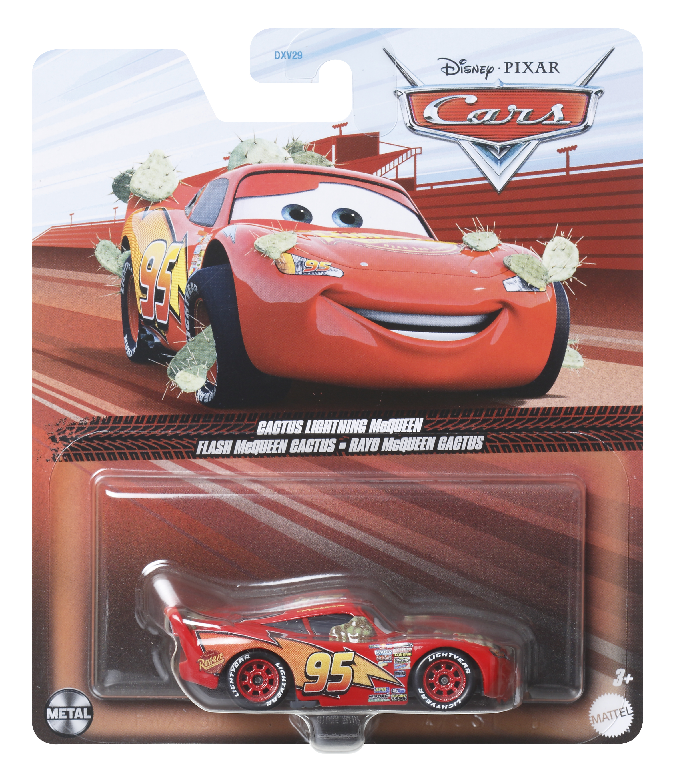 Spielzeugauto-Verpackung. Rotes Lightning McQueen-Auto mit Kaktus-Aufklebern und einem lächelnden Gesicht.