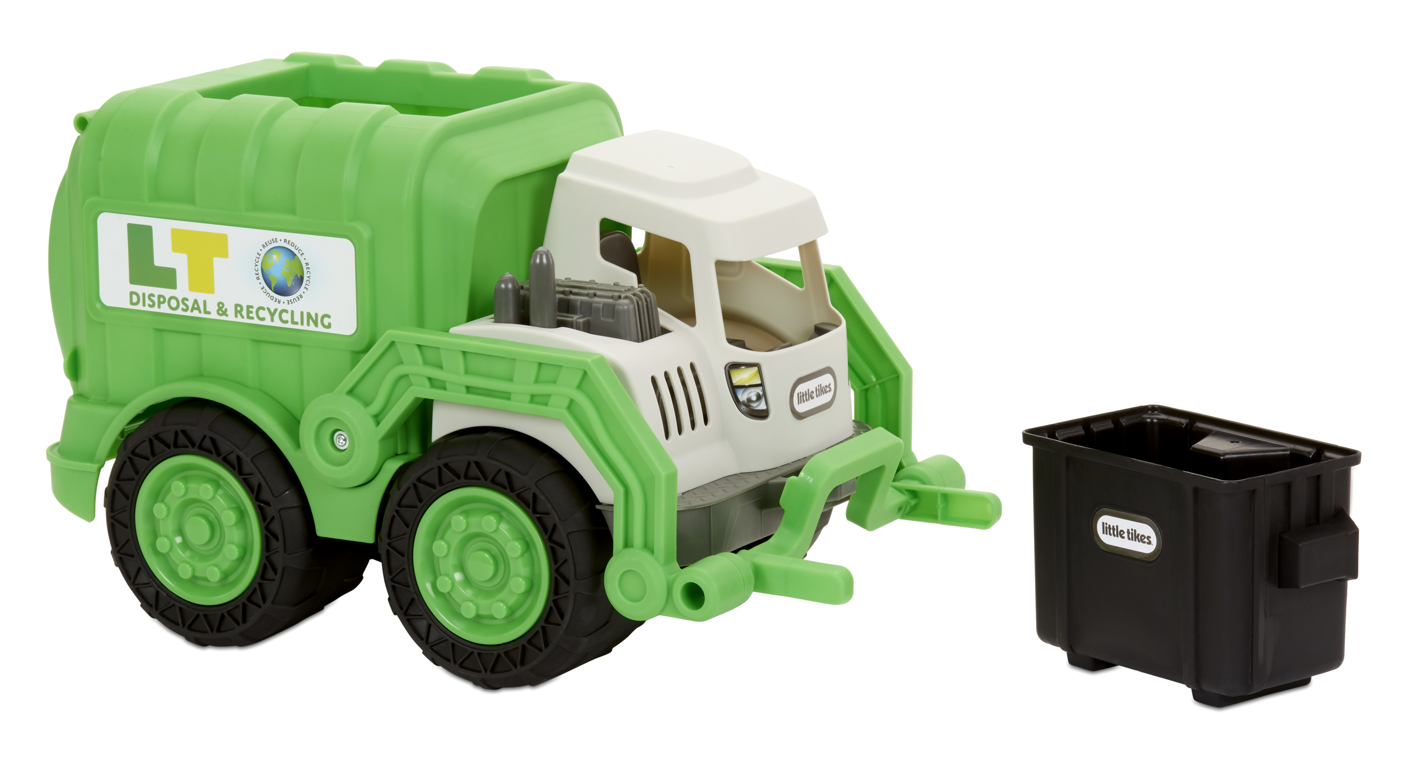 Ein grüner Little Tikes Spielzeug-Müllwagen mit schwarzer Mülltonne, weißer Hintergrund.
