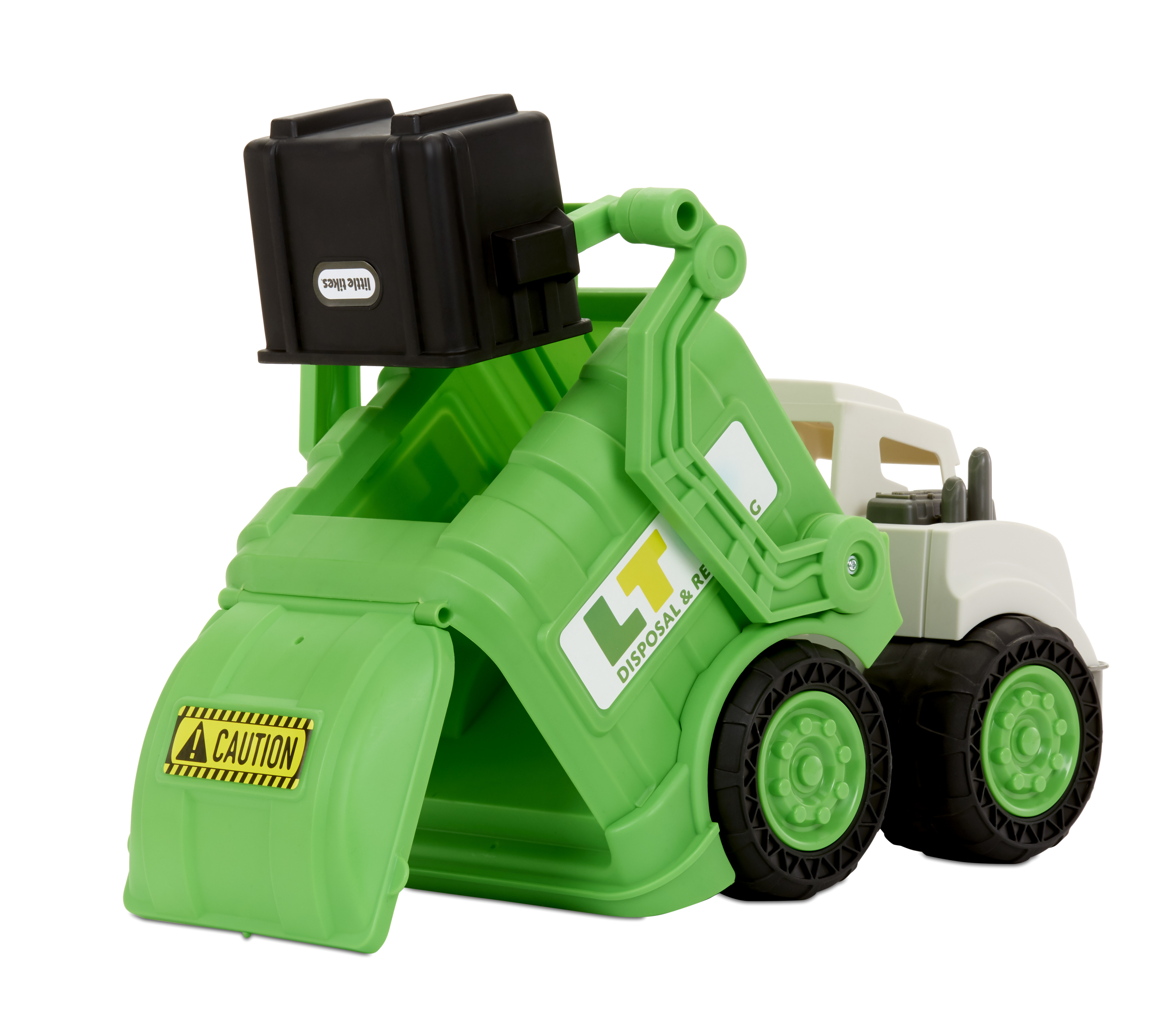 Grüner Spielzeugmüllwagen mit schwarzer Tonne. Weißer und grüner Hintergrund. Vorsichtsschild. Weißer Hintergrund.