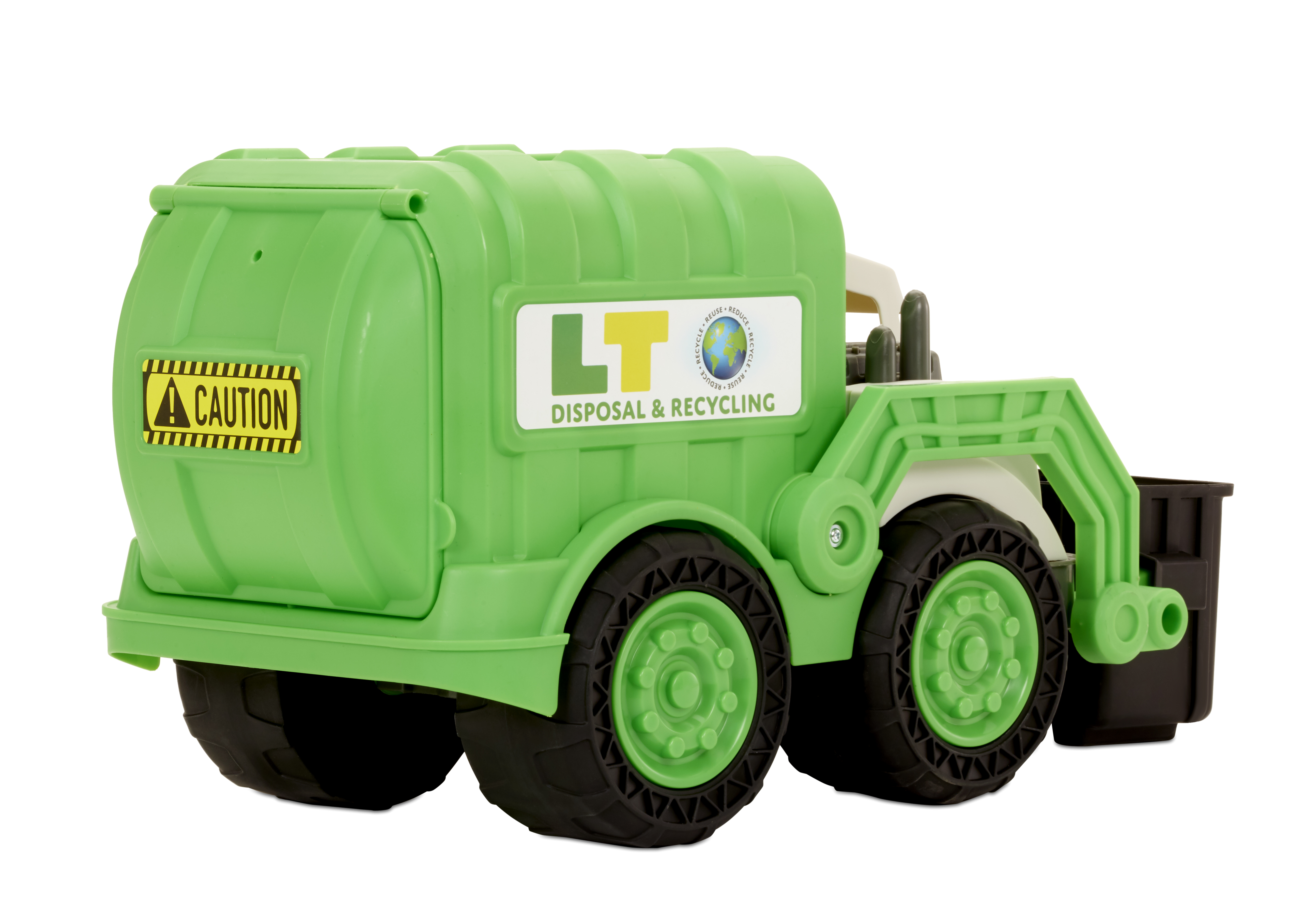 Ein grüner und weißer Spielzeug-Müllwagen mit schwarzen Rädern und einem gelben Vorsichtsschild. Weißer Hintergrund.