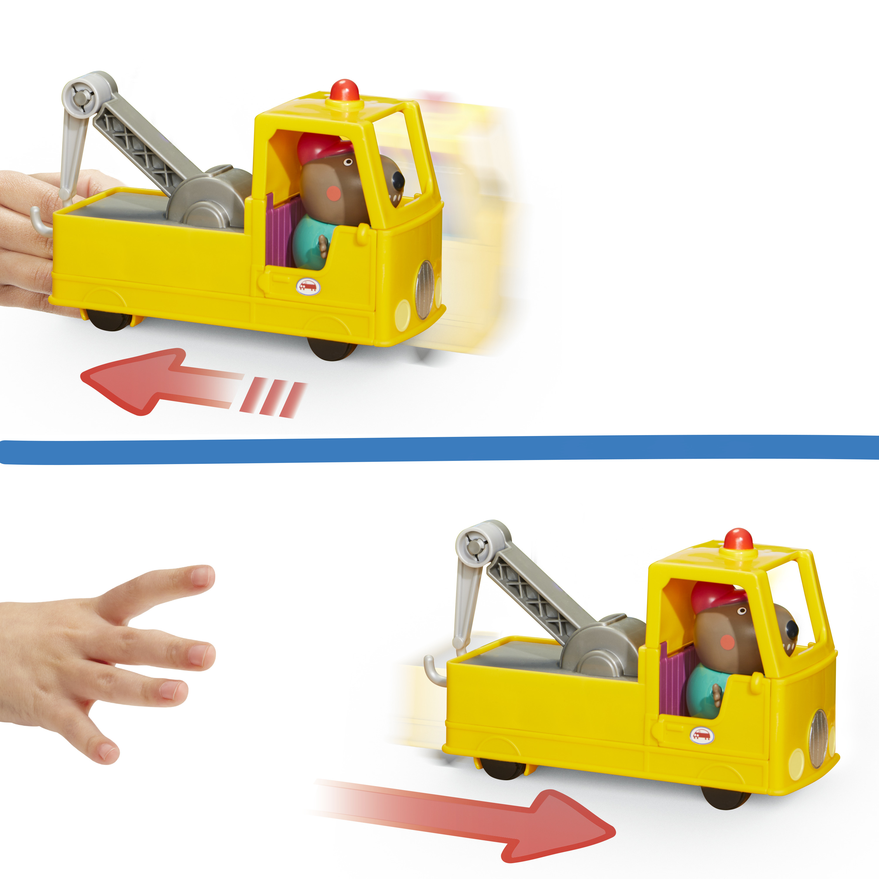 Dwa obrazy: żółta zabawka holownik, gesty dłoni, czerwone strzałki.