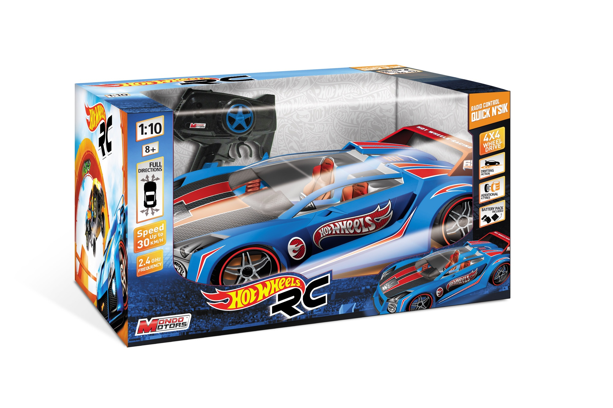 Samochód Hot Wheels RC w pudełku. Niebieski samochód z czerwonymi akcentami i pilotem.