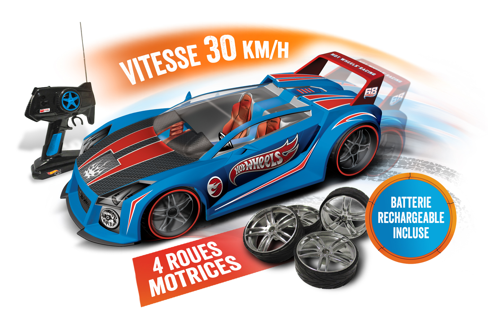 Niebieski samochód Hot Wheels z pilotem i dodatkowymi kołami. Czerwone akcenty i francuski tekst.
