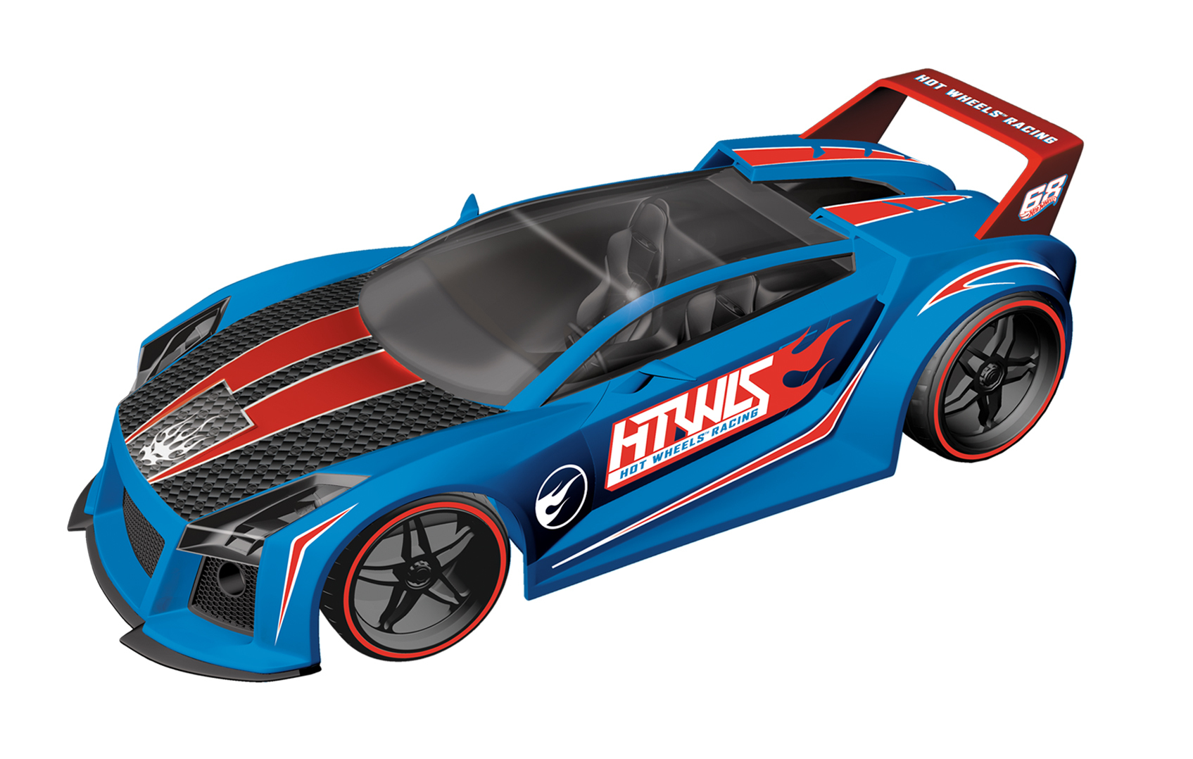 Niebieski samochód wyścigowy Hot Wheels z czerwonymi akcentami. Ma spojler i logo Hot Wheels.