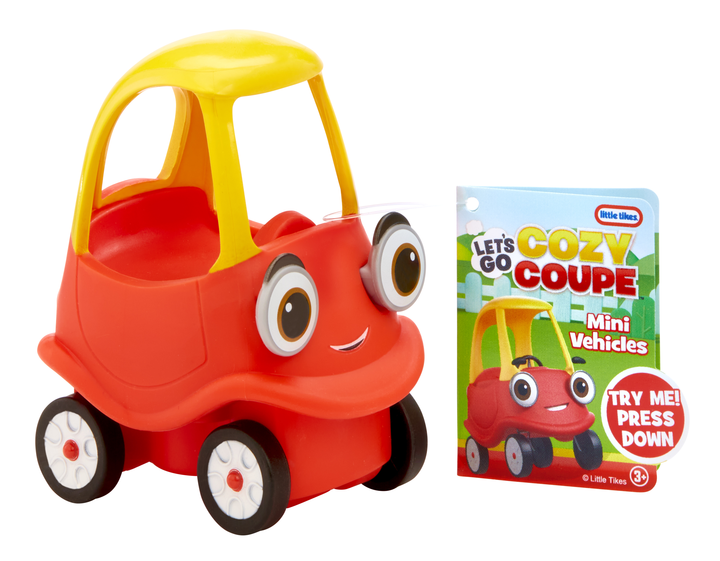 Czerwono-żółty samochodzik Little Tikes Cozy Coupe i książka.