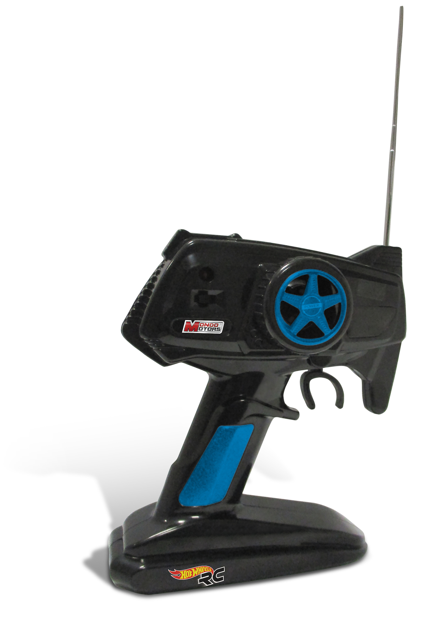 Czarny kontroler RC Hot Wheels z niebieskimi detalami.