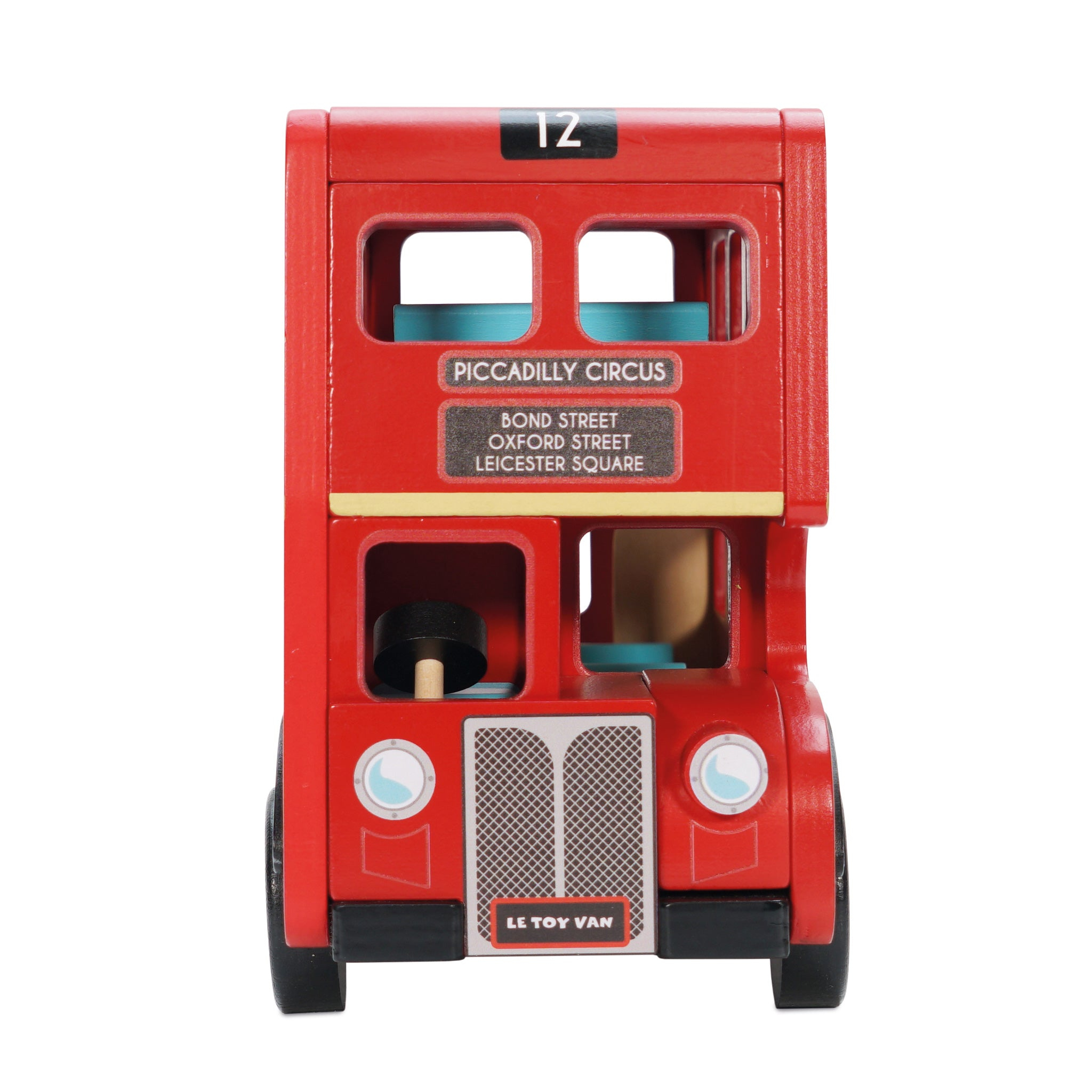 Roter Doppeldecker-Bus-Spielzeug. Hat Adressschilder: Piccadilly Circus, Bond Street, Oxford Street, Leicester Square.