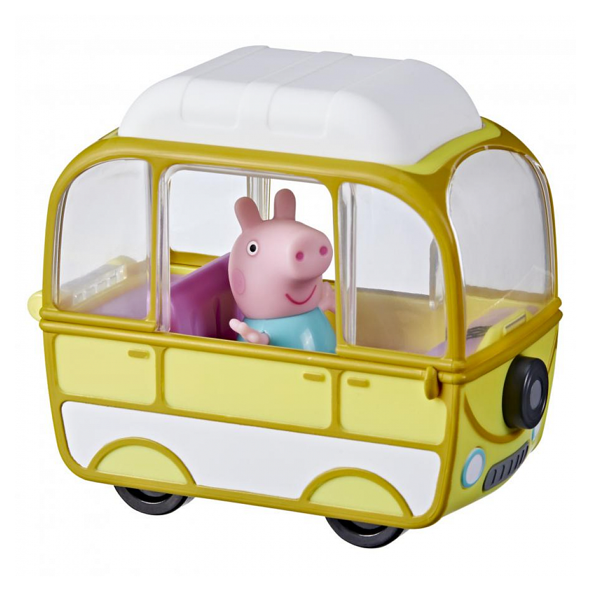 Autobus zabawkowy Peppy. Żółty z przezroczystymi oknami. Figurka Peppy w środku.
