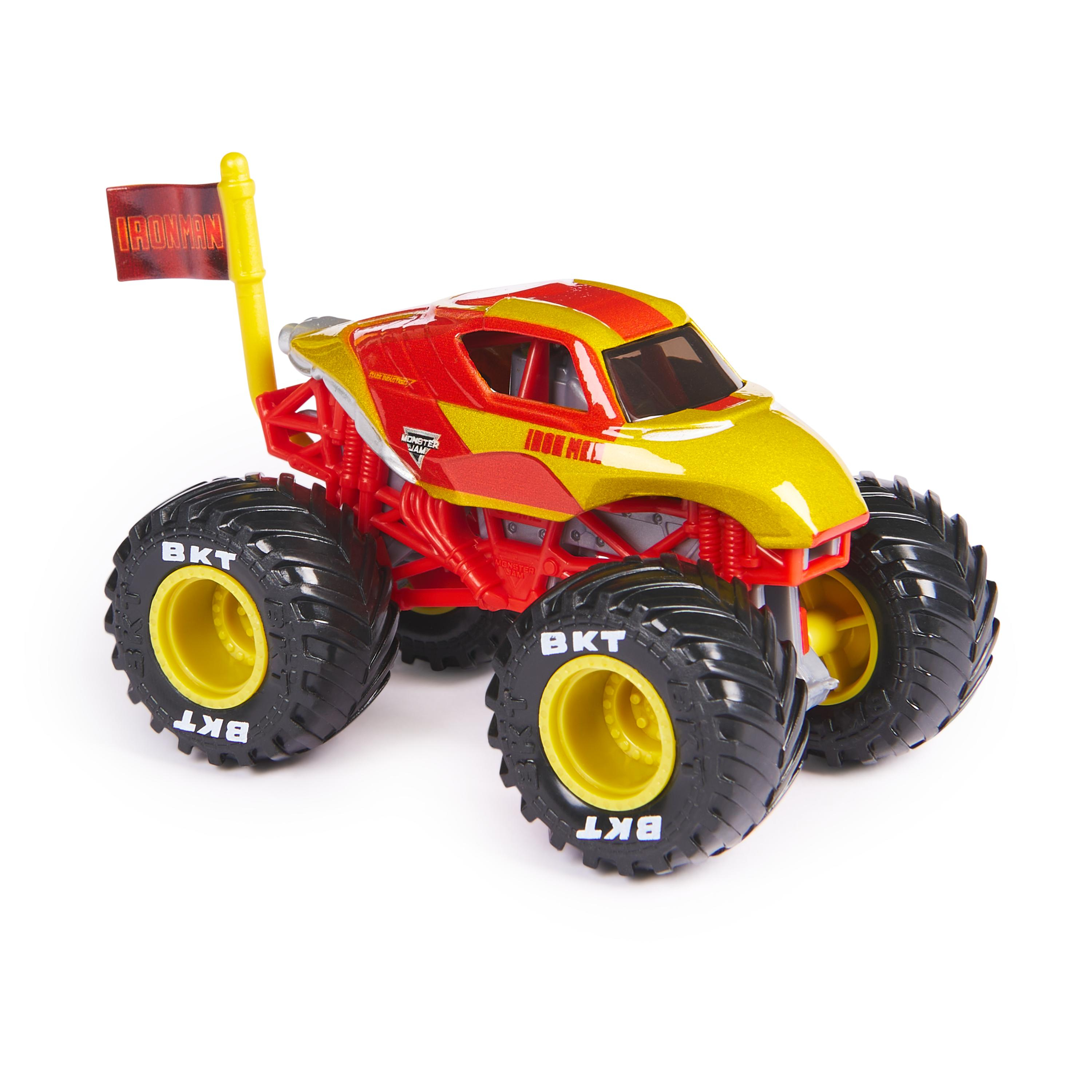 Camión de juguete Iron Man Monster Jam sobre un fondo blanco. Colores rojo y dorado.