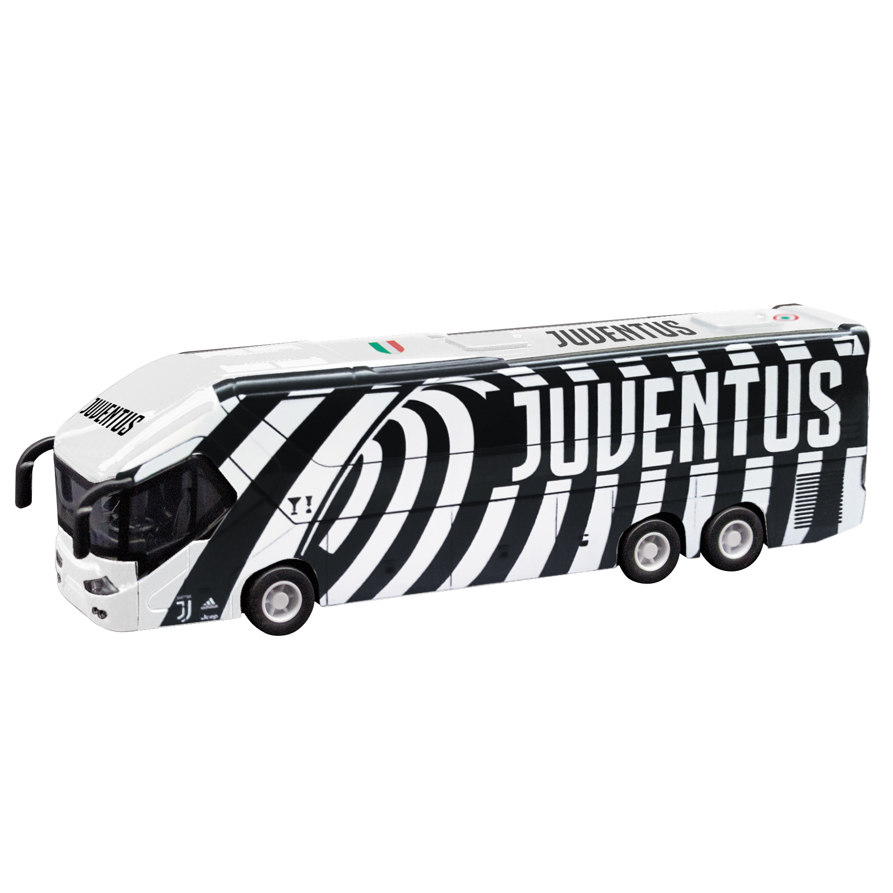 Zabawkowy autobus Juventusu. Jest czarno-biały i ma napis 'Juventus'.