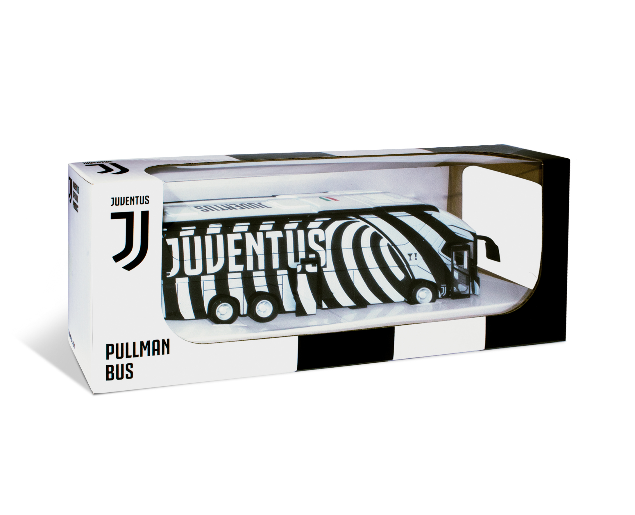 Zabawkowy autobus Juventusu w pudełku, czarno-biały design, na białym tle.