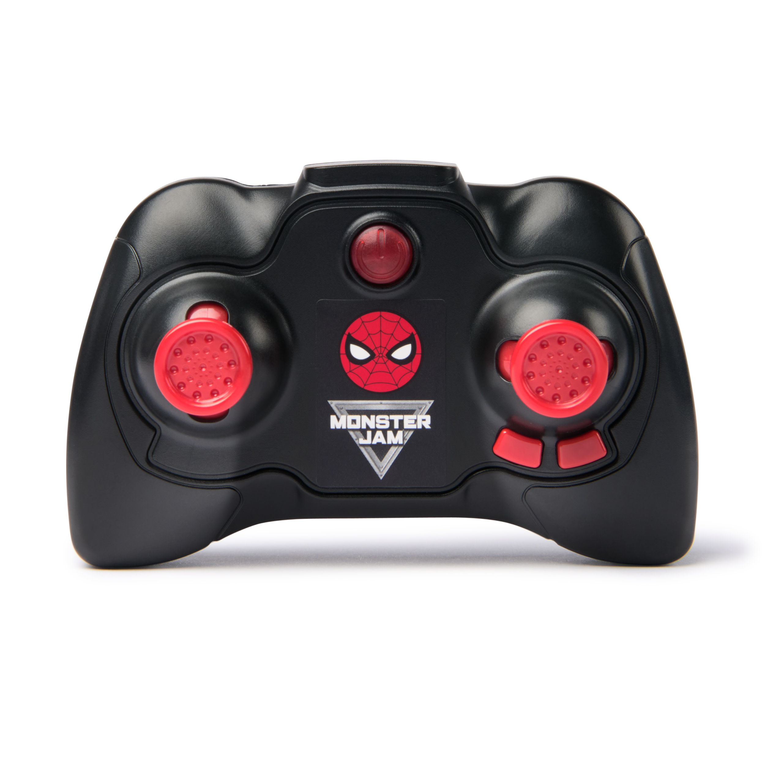 Czarny pilot z czerwonymi przyciskami i logo Spider-Mana na białym tle.