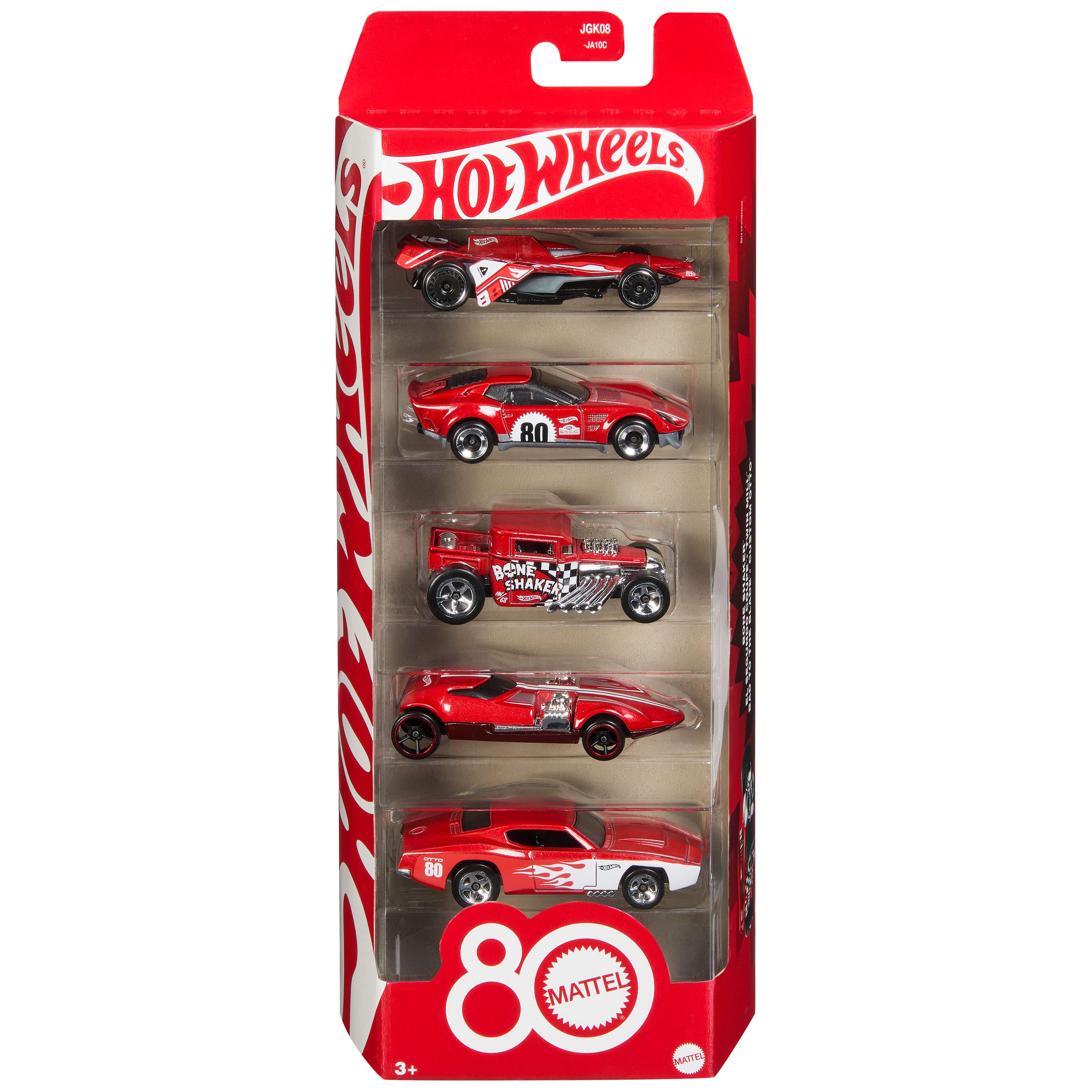 Hot Wheels 80. Jubiläum Set mit fünf roten Spielzeugautos.