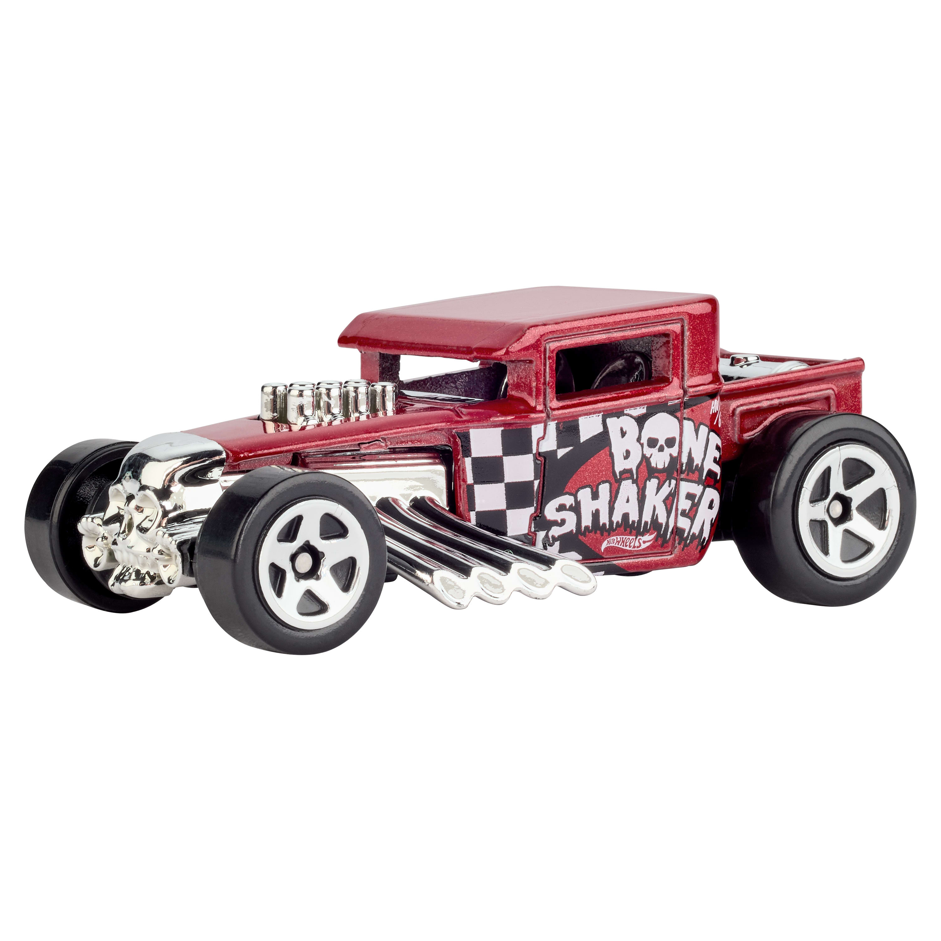 Ein rotes Spielzeugauto mit Totenkopf- und Flammendesign auf weißem Hintergrund.