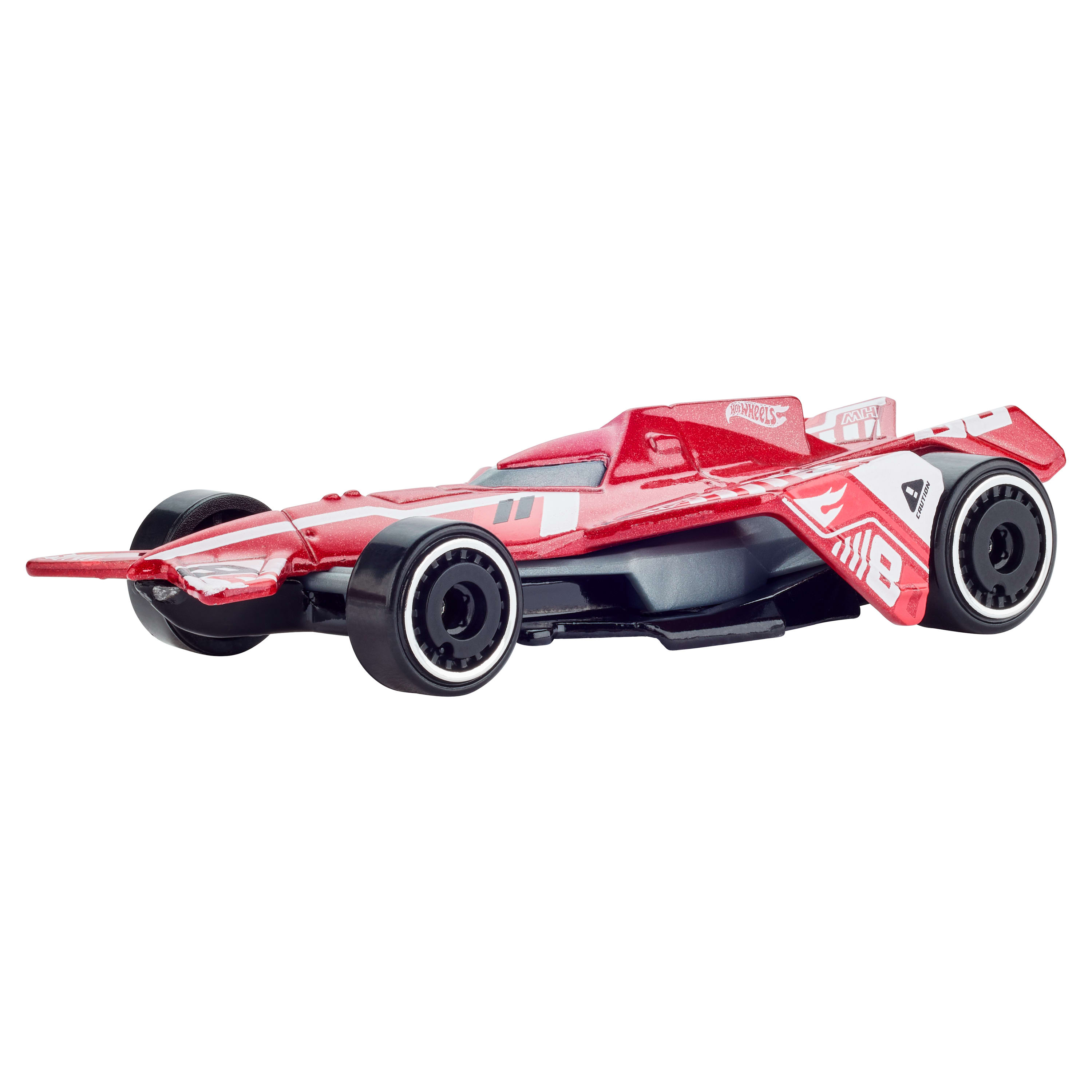 Rotes Spielzeug-Rennauto mit weißen Streifen und schwarzen Rädern.
