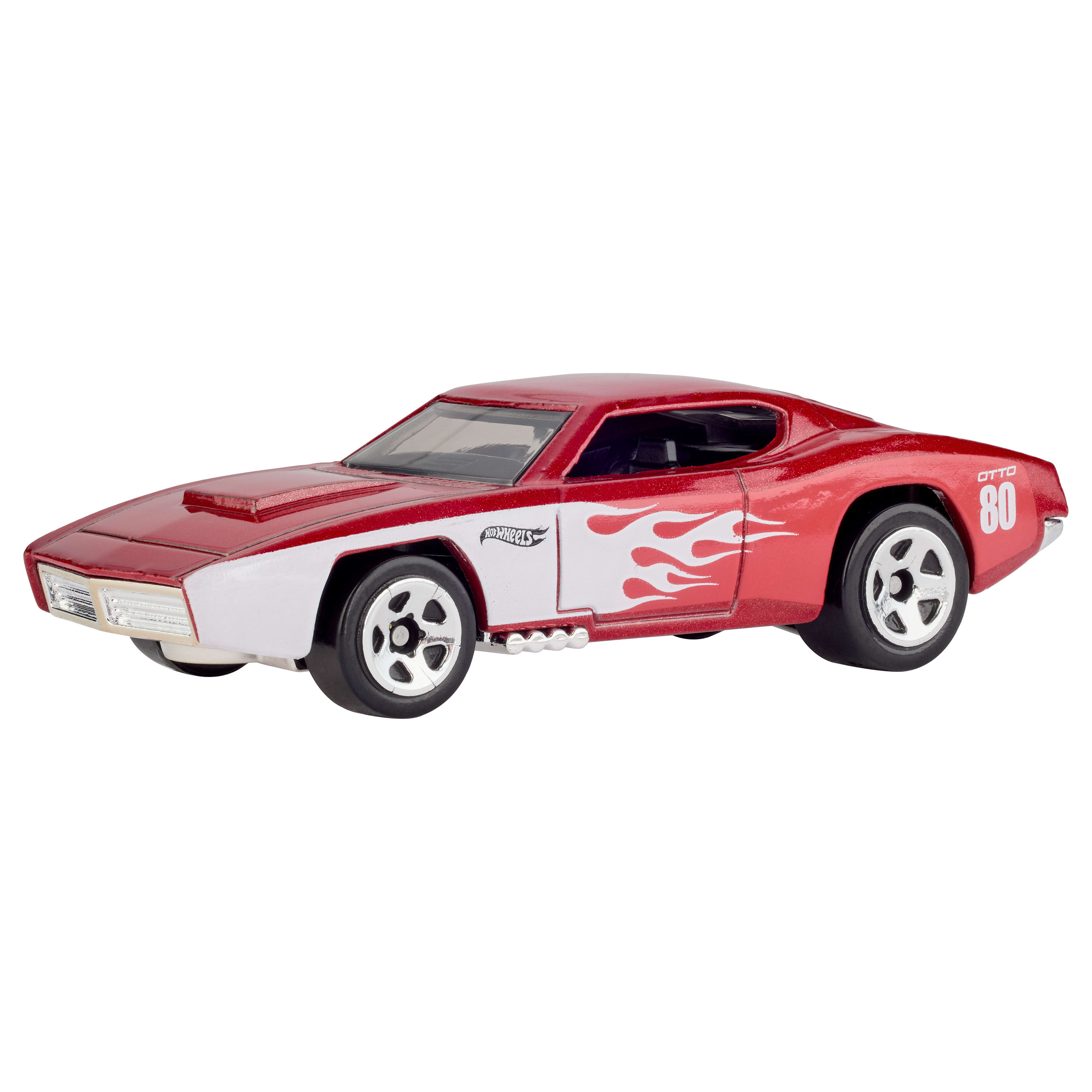 Rotes Hot Wheels Spielzeugauto mit weißen Flammen und Akzenten. Das Auto hat die Nummer 80 und ist vor weißem Hintergrund.