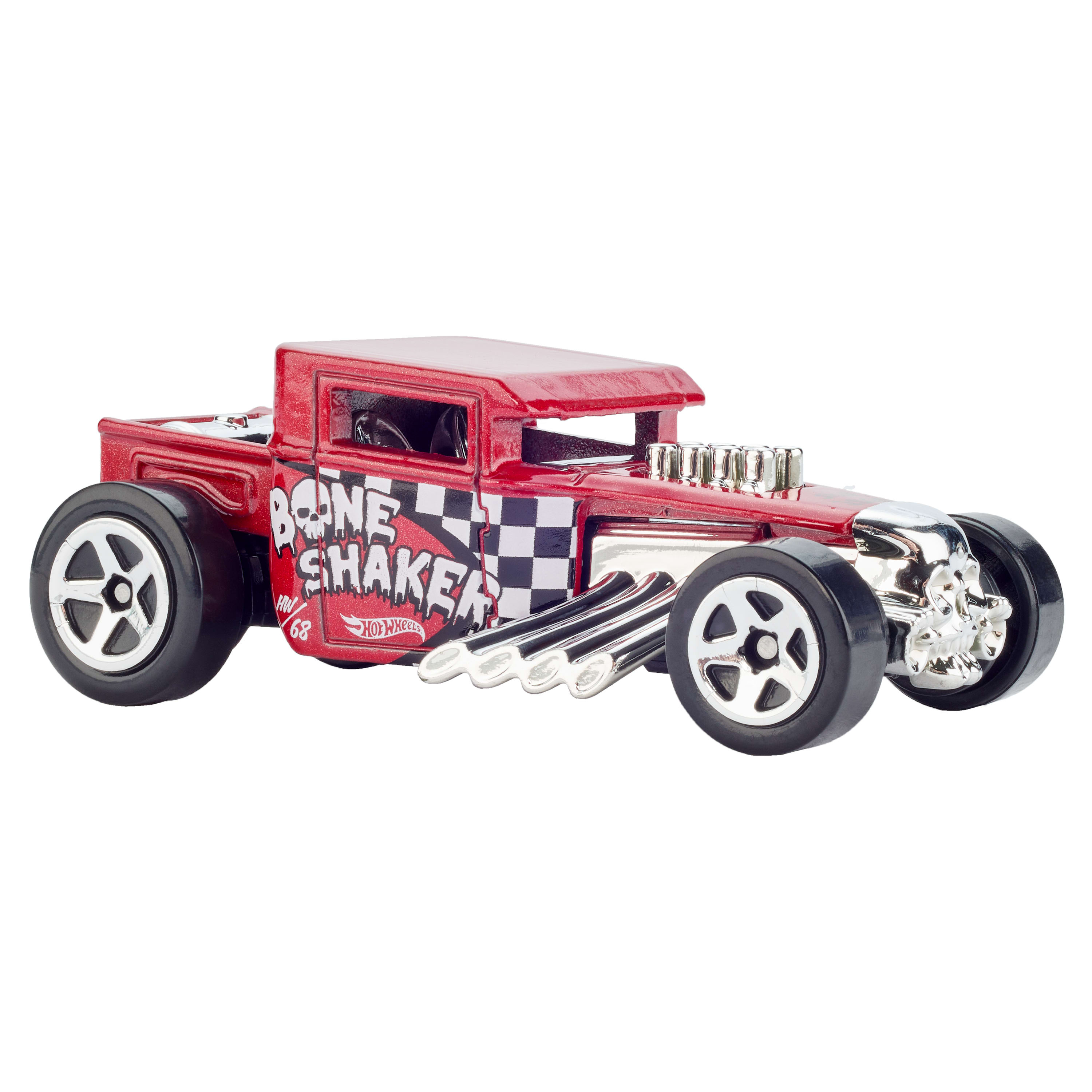 Rotes Hot Wheels Bone Shaker Spielzeugauto mit Totenkopf- und Flammen-Design.