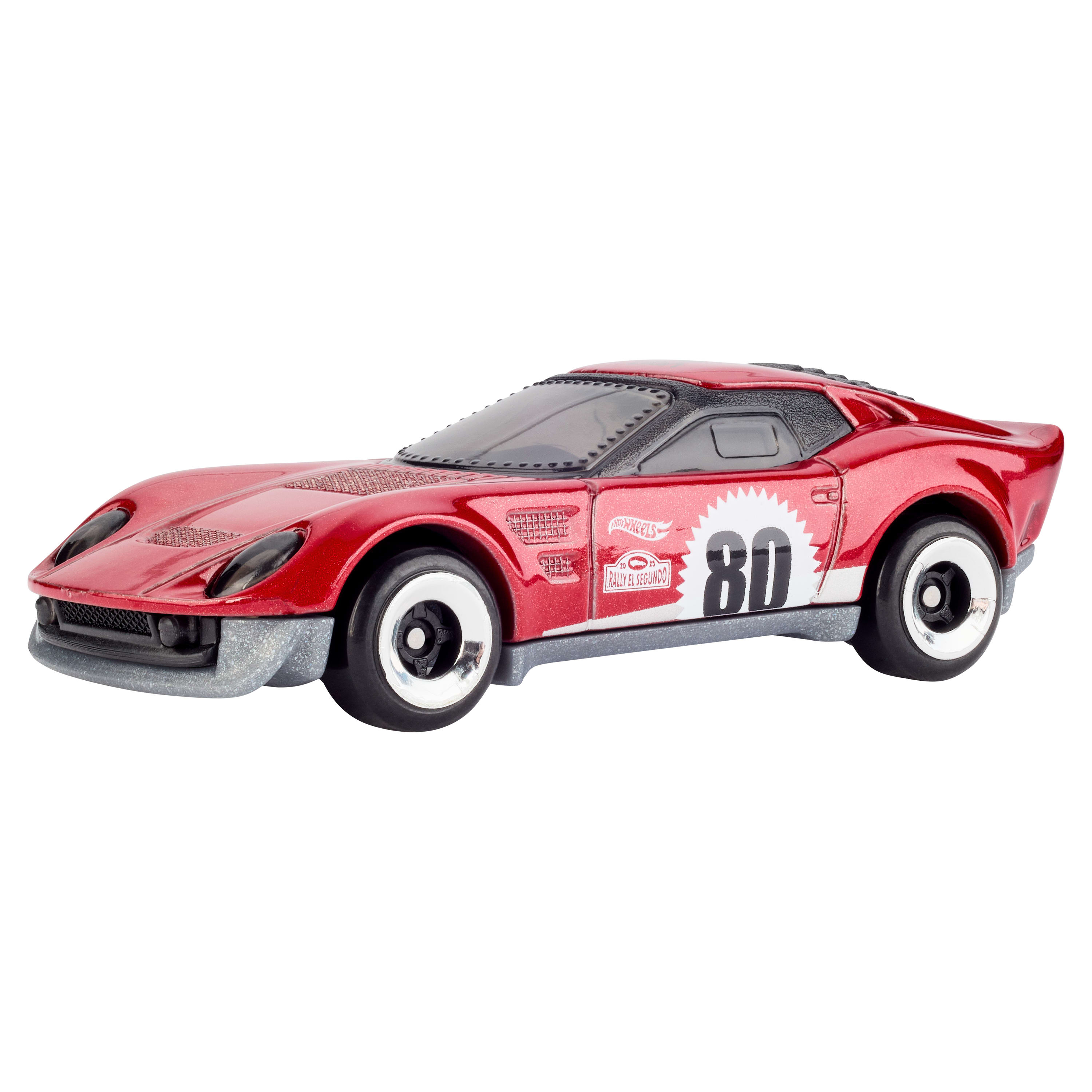 Rotes und weißes Hot Wheels Spielzeugauto mit der Nummer 80. Das Auto ist vor weißem Hintergrund.